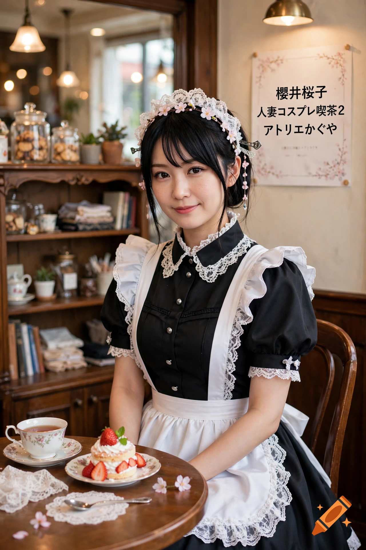 Photorealistic portrait of a Japanese woman wearing a black and white maid costume in a cafe, sitting next to a cup of tea and a dessert.