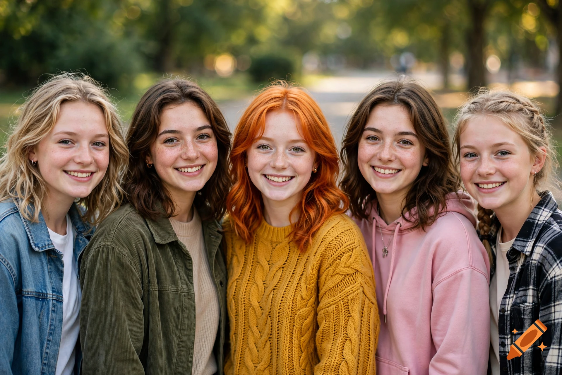 Close-up photorealistic portrait of five smiling teenage girls with blonde, brown, and red hair standing outside in a park.