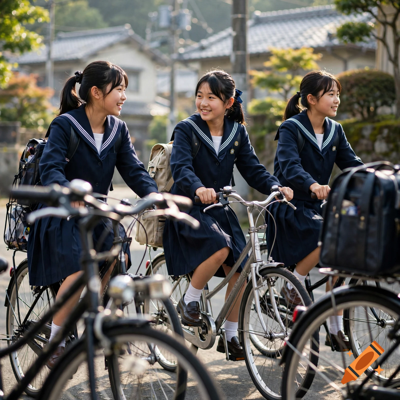 Three Japanese junior high school students in sailor uniforms smiling and riding bicycles down a street, photorealistic.