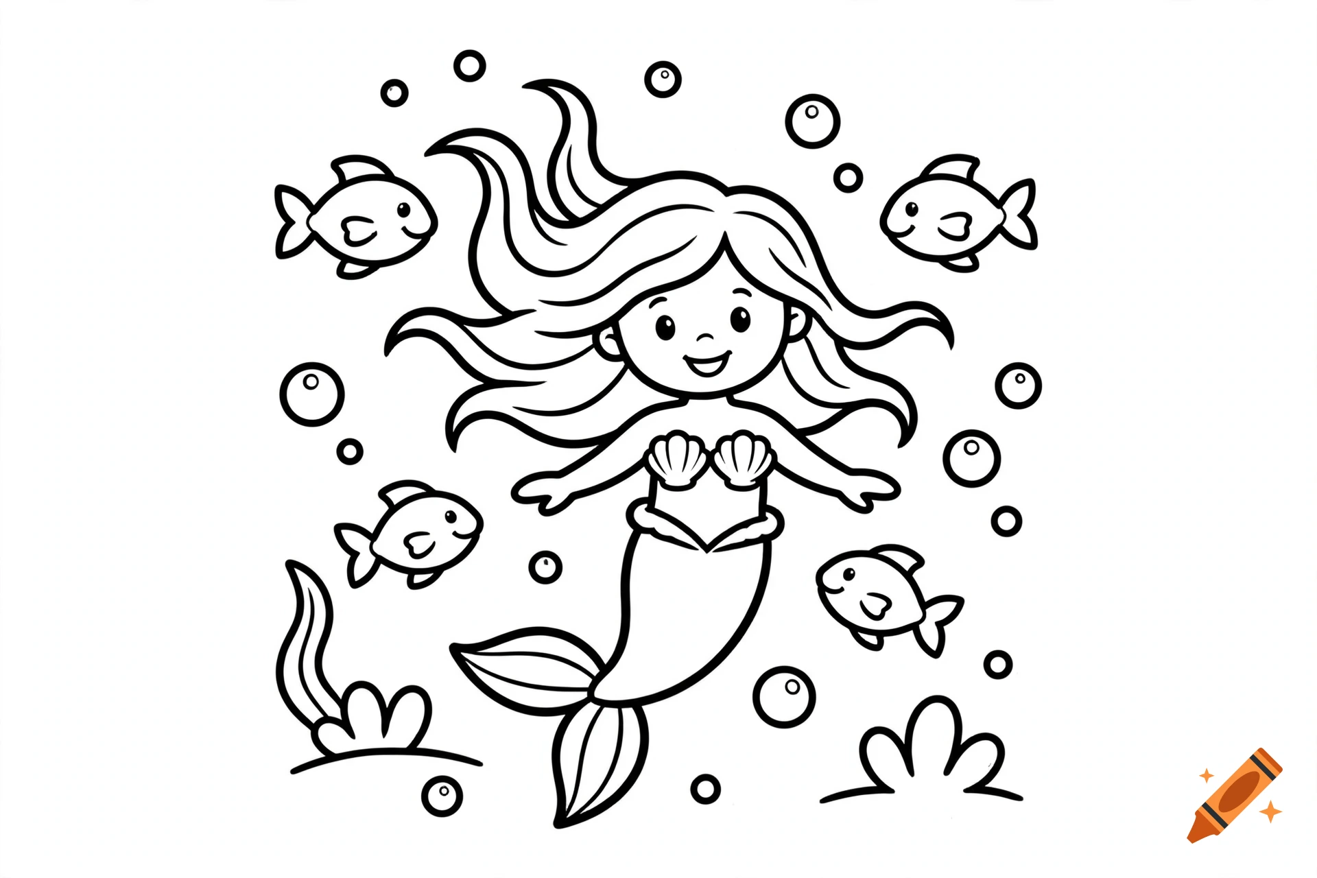 Black and white line art of a smiling mermaid underwater with fish and bubbles, coloring book style.