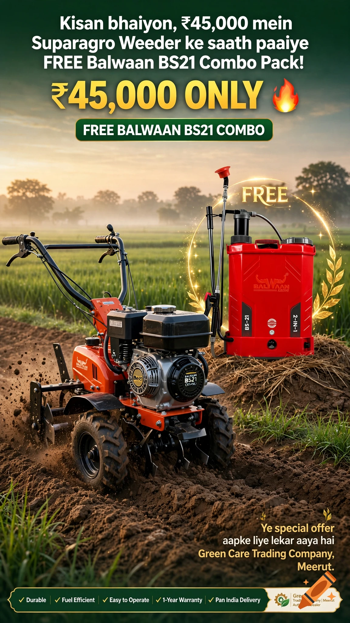 Photorealistic advertisement featuring a red power weeder in an agricultural field with promotional text and a free sprayer combo.