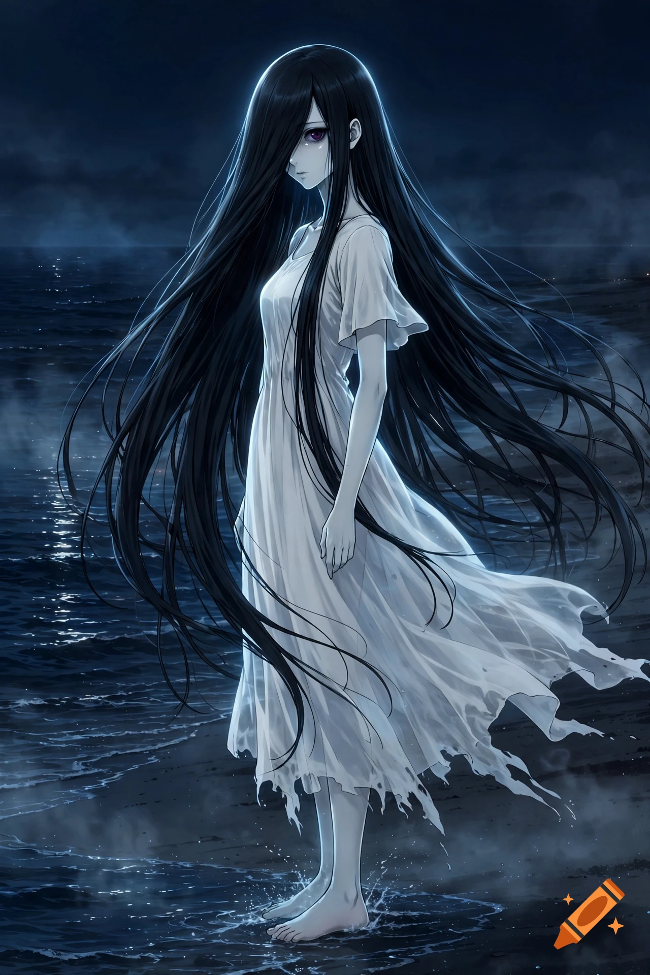 Anime style illustration of a J-horror ghost woman with long black hair and a white dress standing on a beach at night.