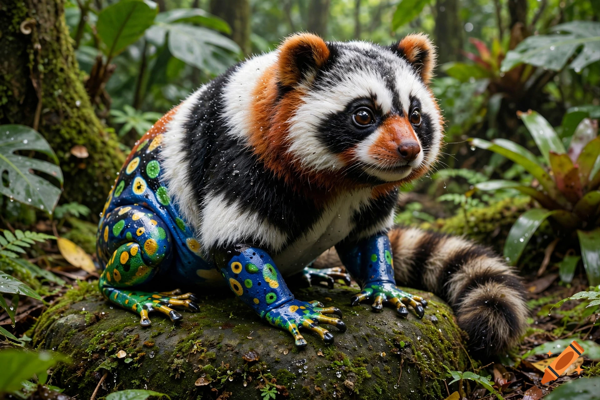 Photorealistic fantasy creature combining features of a panda, raccoon, and poison dart frog, sitting on a mossy rock in a lush rainforest.