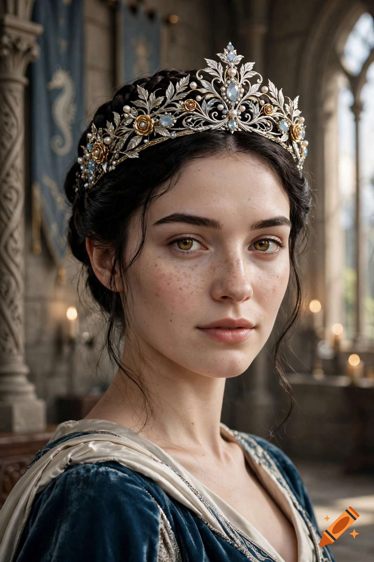 Close-up photorealistic portrait of a young woman with dark hair and freckles, wearing an ornate silver tiara in a castle setting.