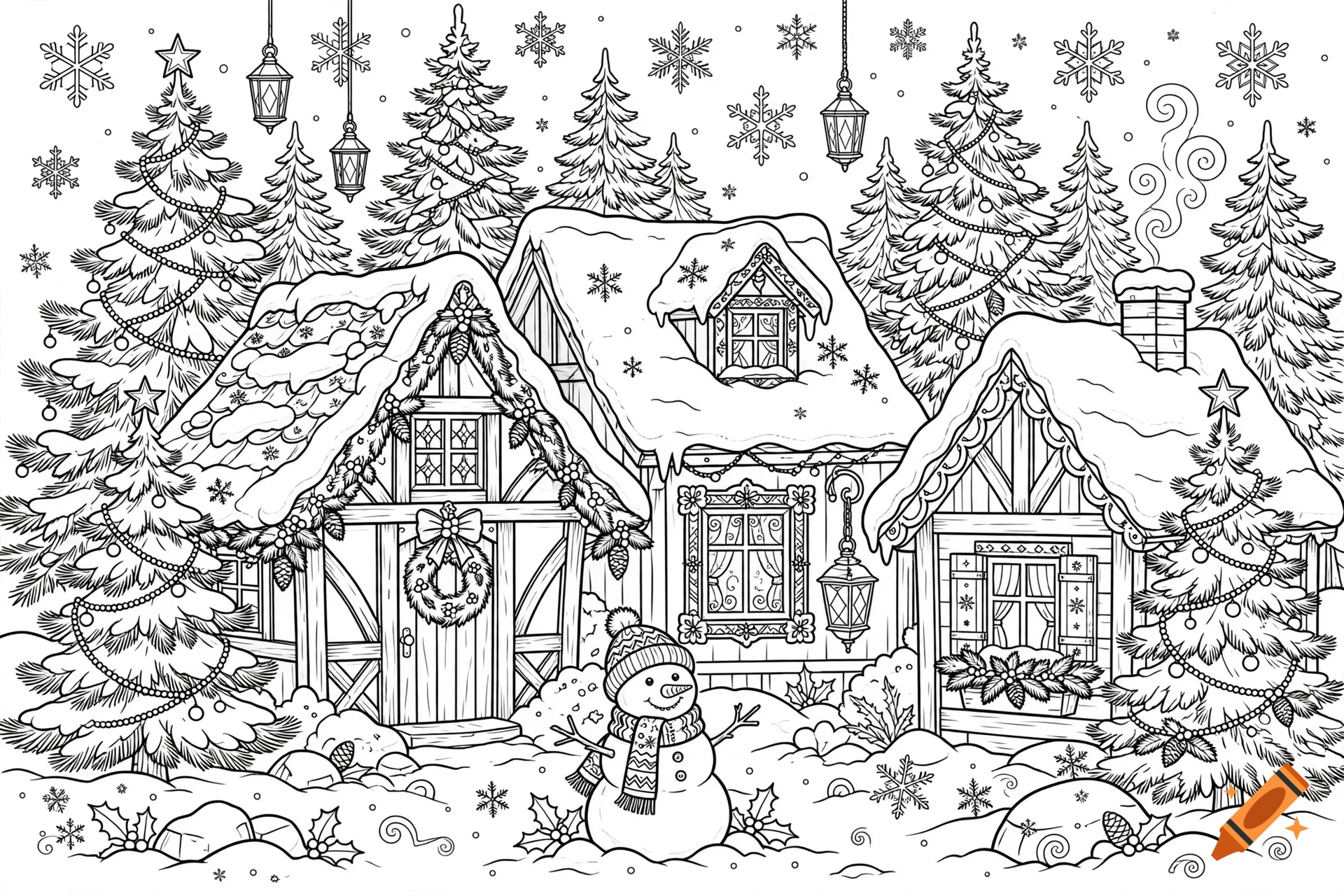 Detailed black and white coloring book page of a cozy winter village with snowy wooden cottages, Christmas trees, and a snowman.