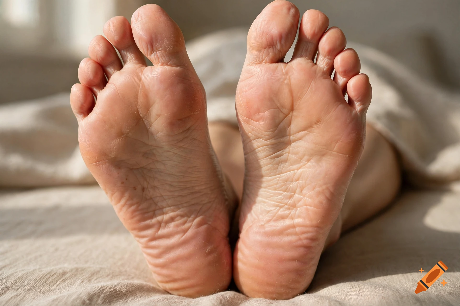 Close-up photorealistic shot of human soles of feet resting on a bed.