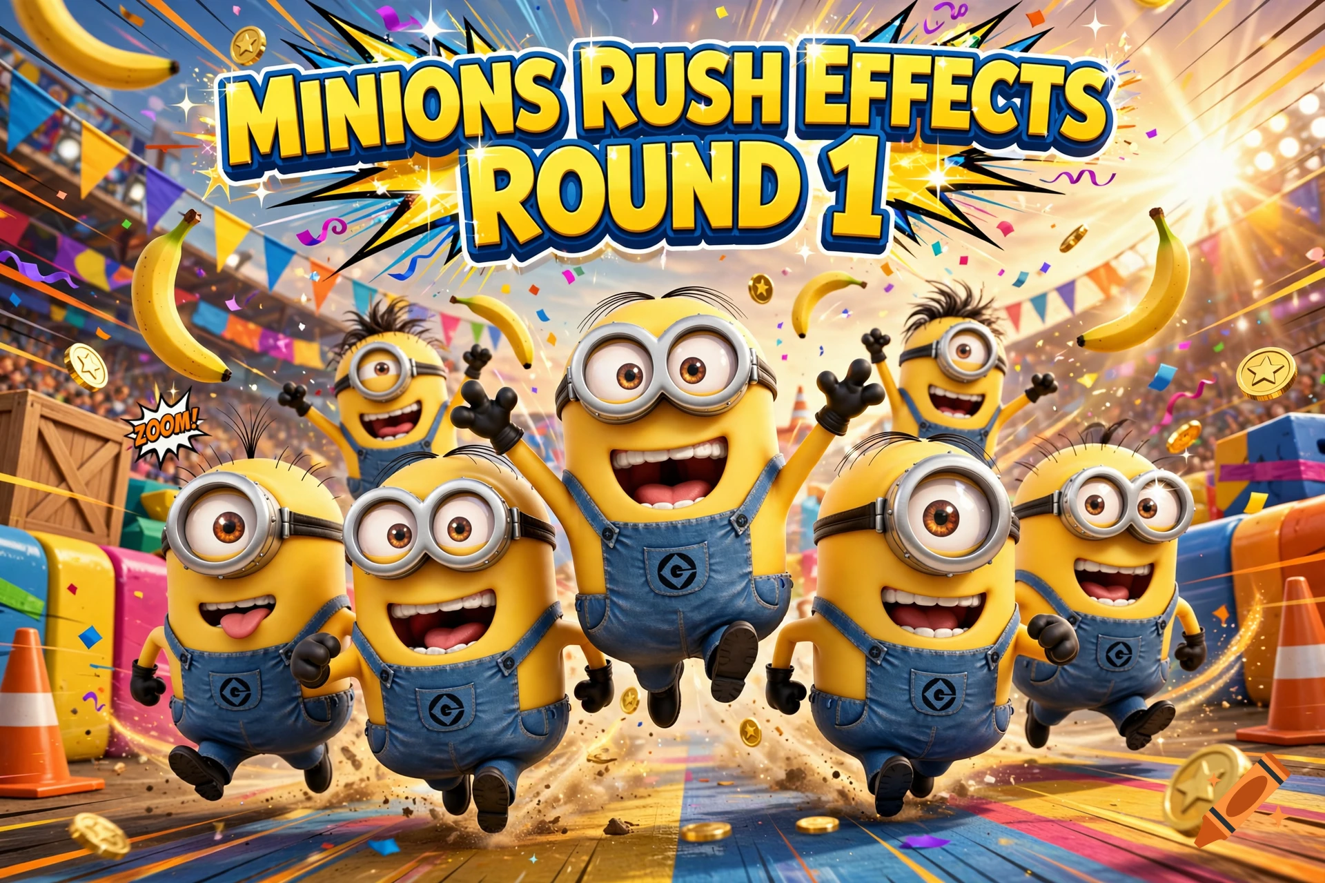 Several 3D animated Minions jumping and running forward in a stadium with bananas and gold coins, with bold text reading 'MINIONS RUSH EFFECTS ROUND 1'.