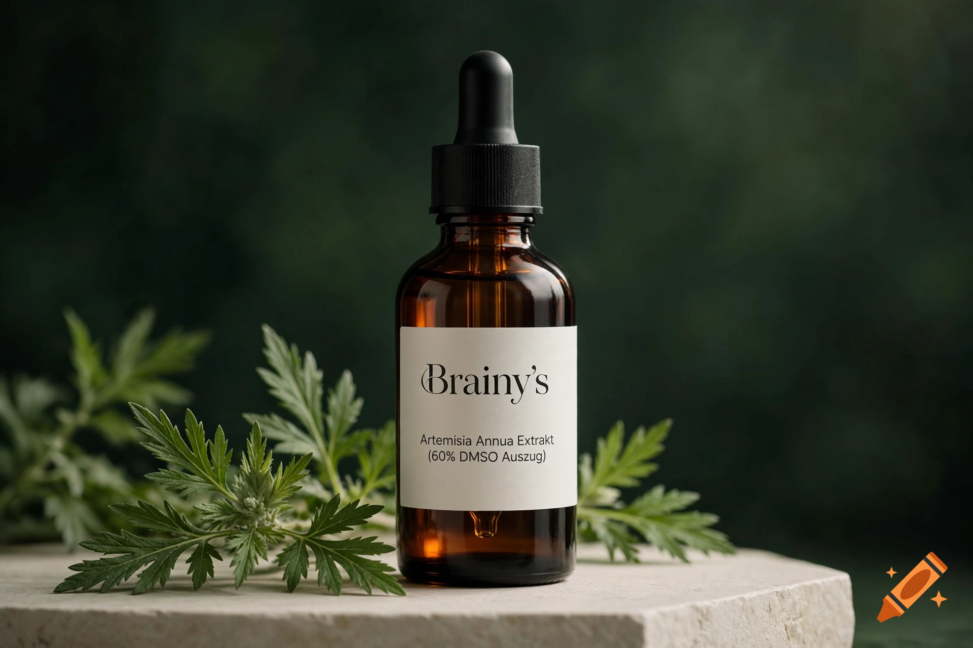 Dark amber glass dropper bottle with a white label reading Brainy's, placed on a stone podium with green leaves in the background.