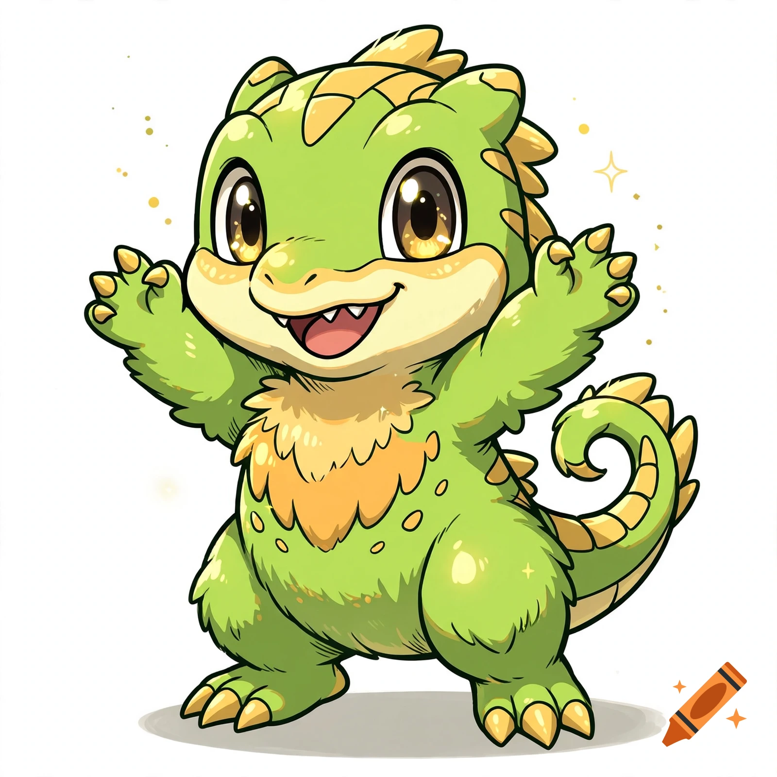 Digital illustration of a cute, green baby raptor with big eyes and a fluffy chest in a cartoon style.