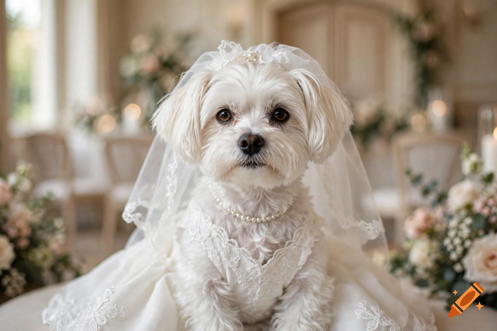Photorealistic image of a white dog wearing a bride's wedding dress and veil, sitting in front of floral decorations.