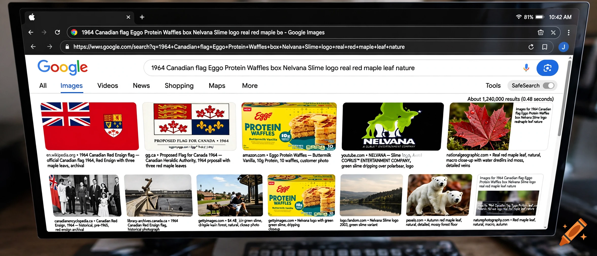 A computer monitor displaying a Google Images search results page for Canadian flags and Eggo waffles.