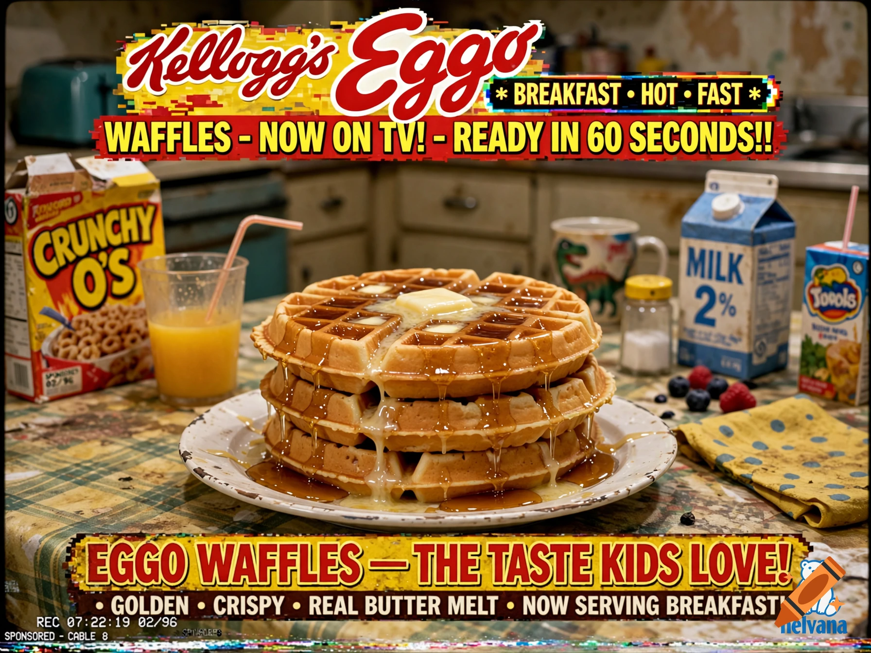 A vintage 1996 Eggo waffles commercial screenshot featuring a stack of waffles with melting butter and syrup, surrounded by breakfast items.