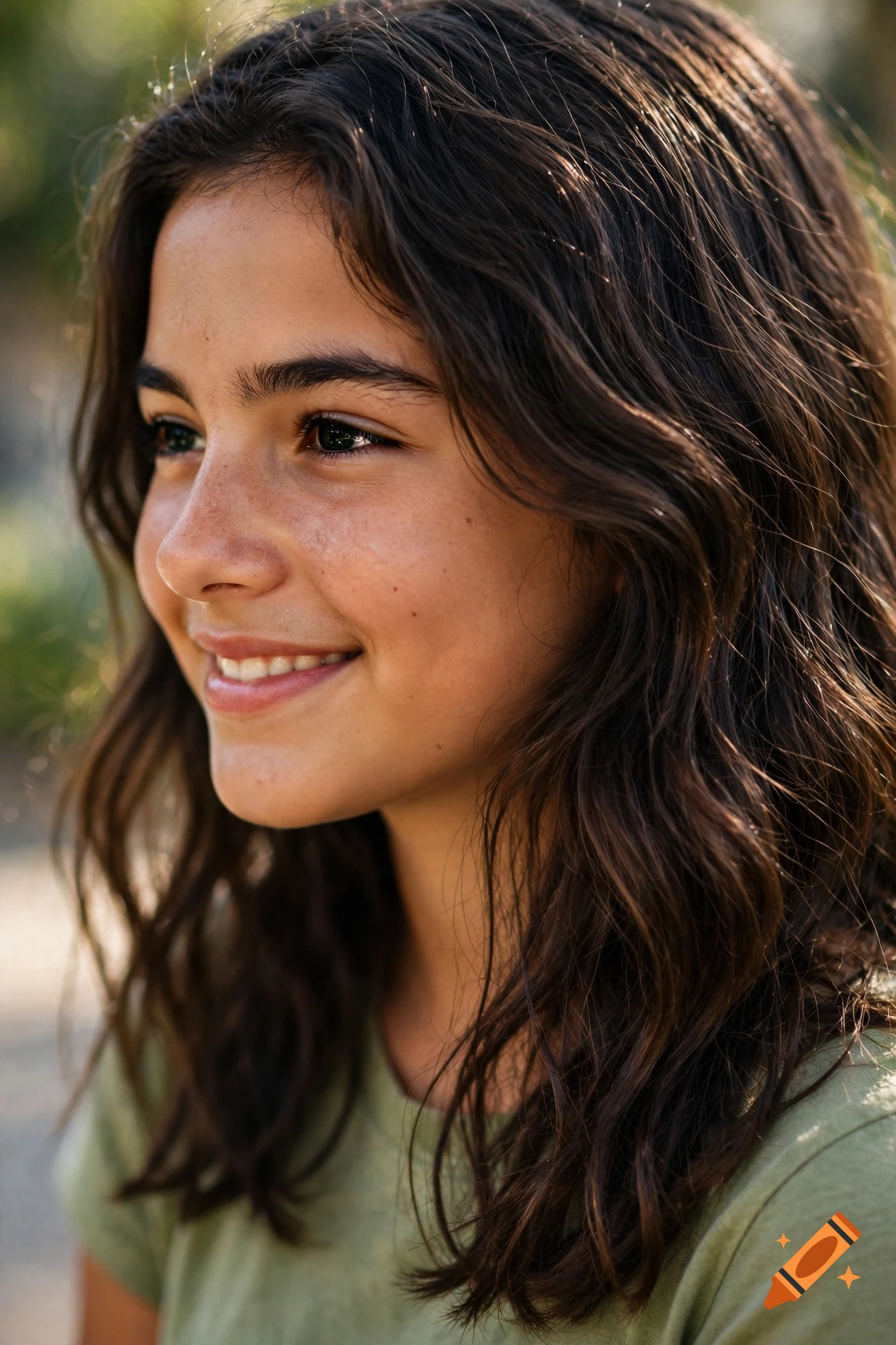 Close-up portrait of a smiling young person with long dark wavy hair and light freckles.