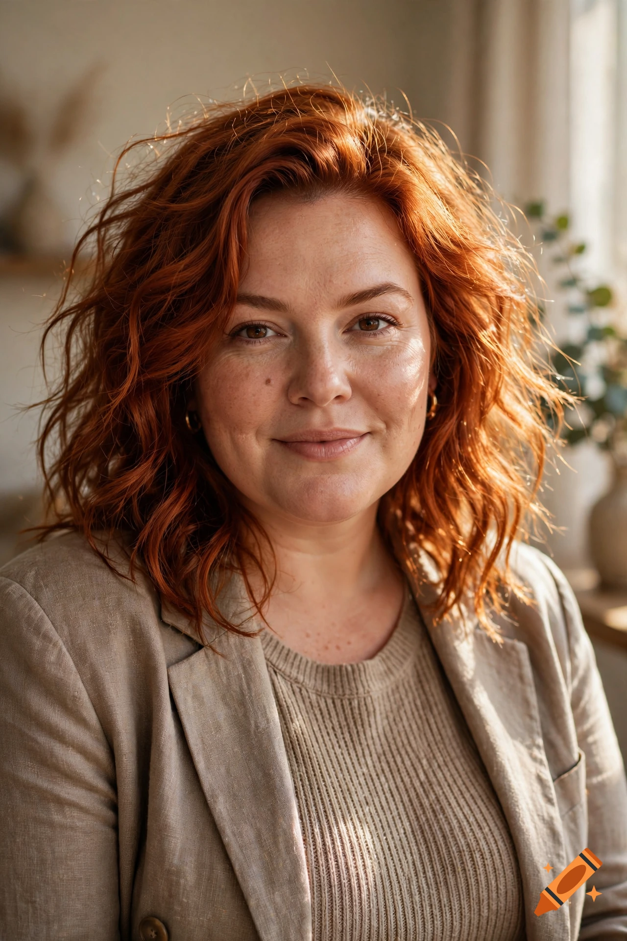 Close-up portrait of a smiling woman with vibrant red curly hair and freckles, wearing a beige blazer, photorealistic style.