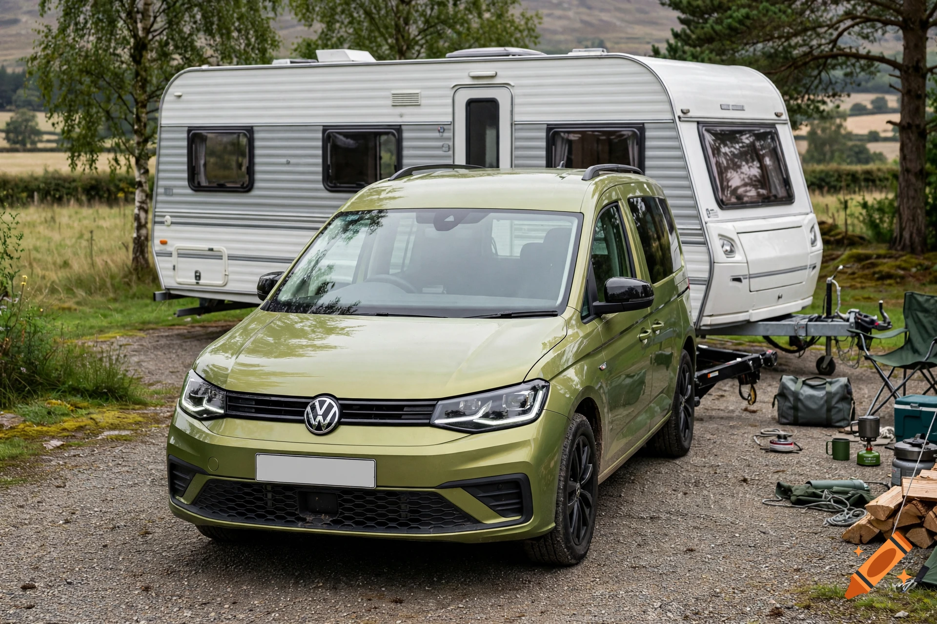 Photorealistic image of a green Volkswagen Caddy parked in front of a white caravan trailer on a gravel campsite.