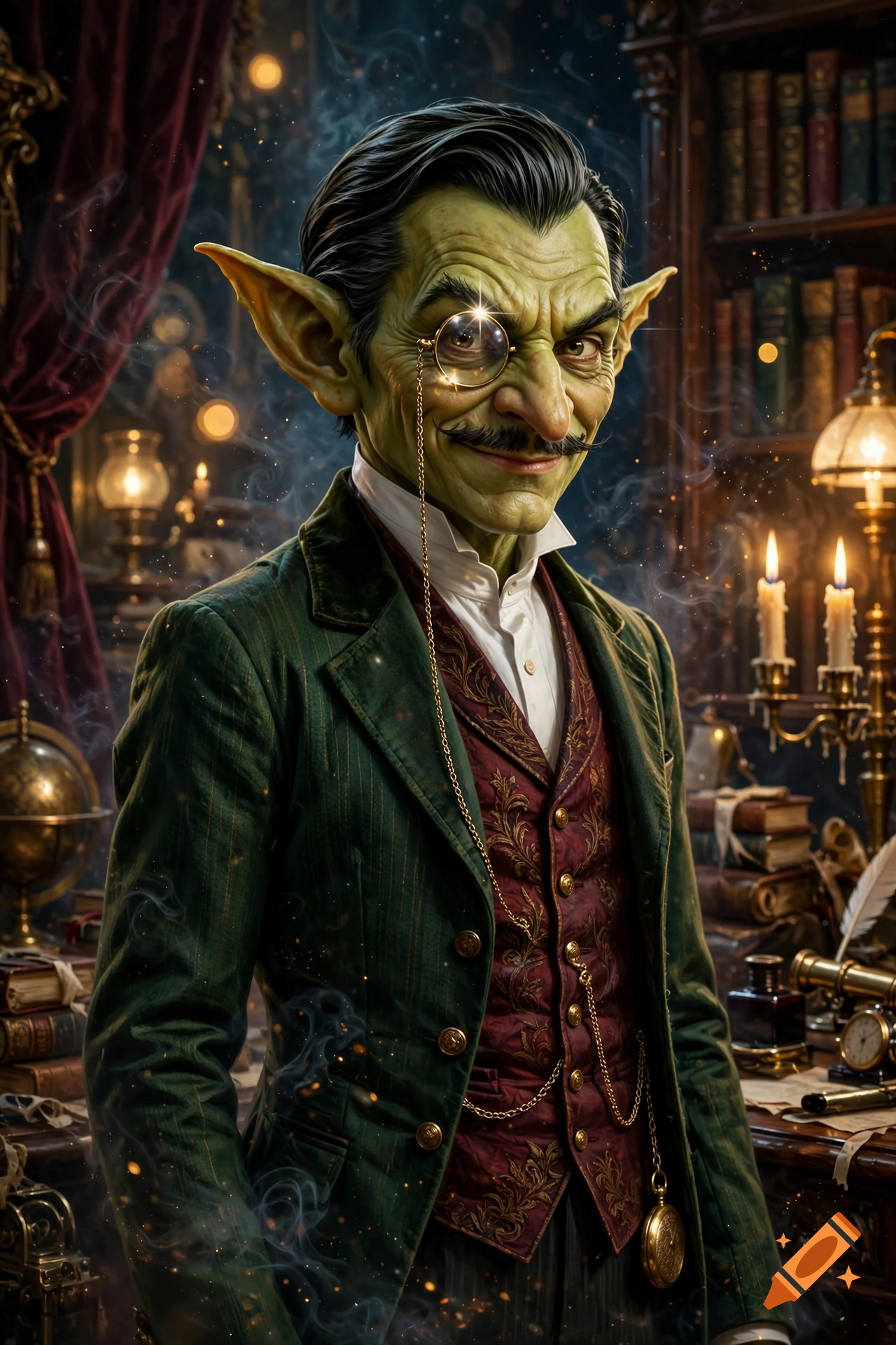 Digital painting of a dapper green goblin wearing a Victorian three-piece suit and monocle in a library.