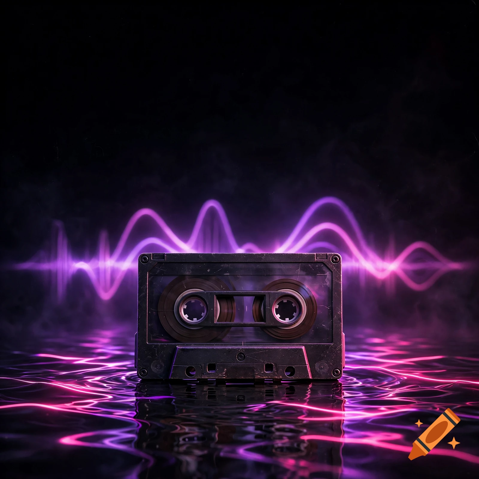 An old cassette tape on a reflective surface with purple and pink neon light waves in a dark setting.