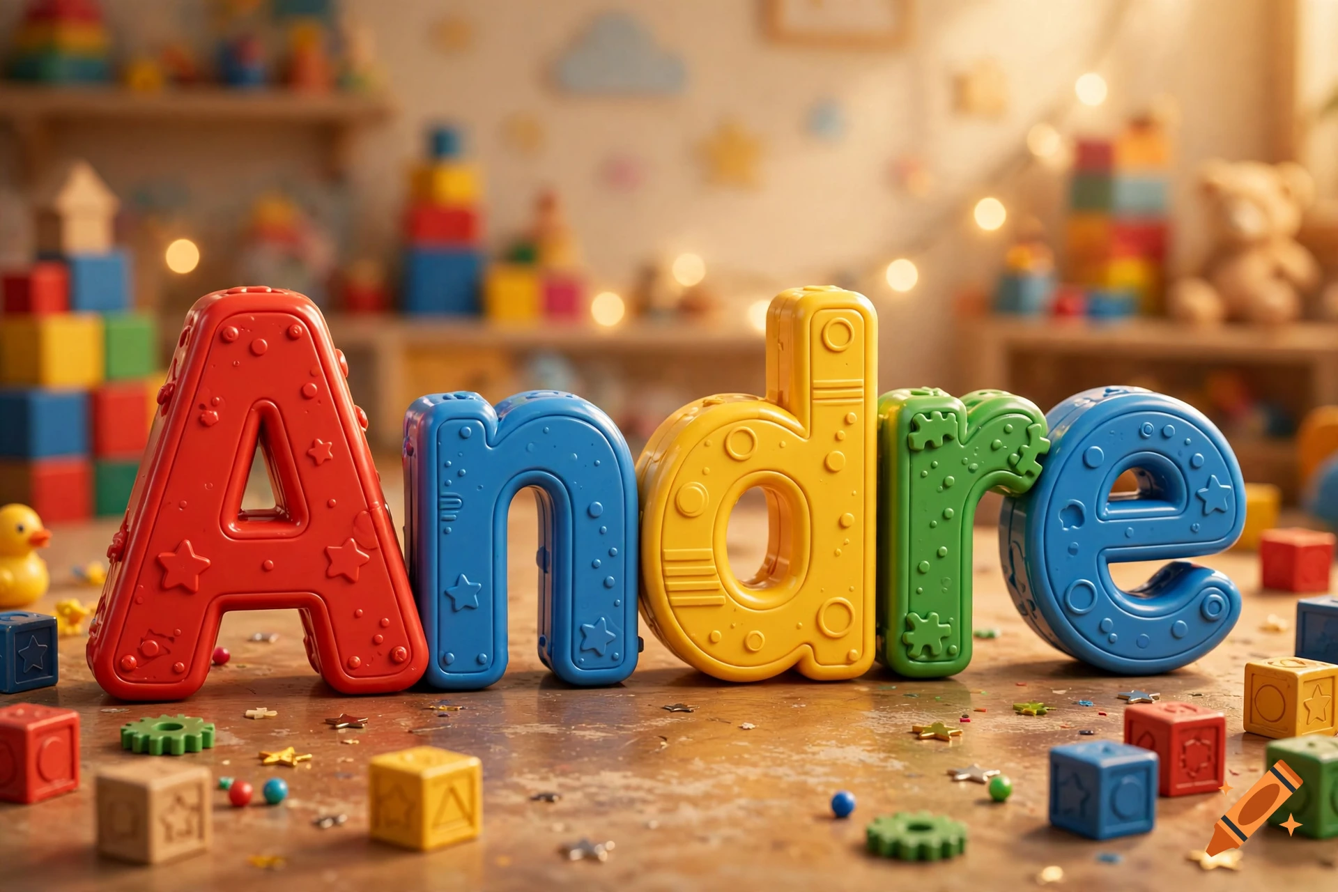 Colorful toy letters spelling out the name Andre in a playroom setting, photorealistic.