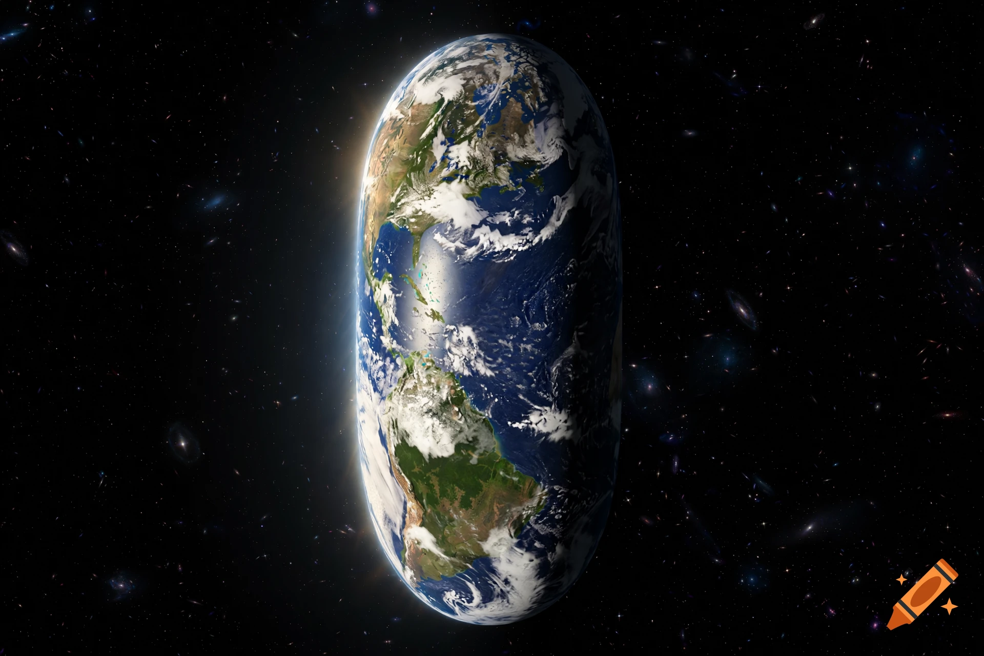 Photorealistic image of Earth shaped like a sausage floating in deep space amidst stars and galaxies.