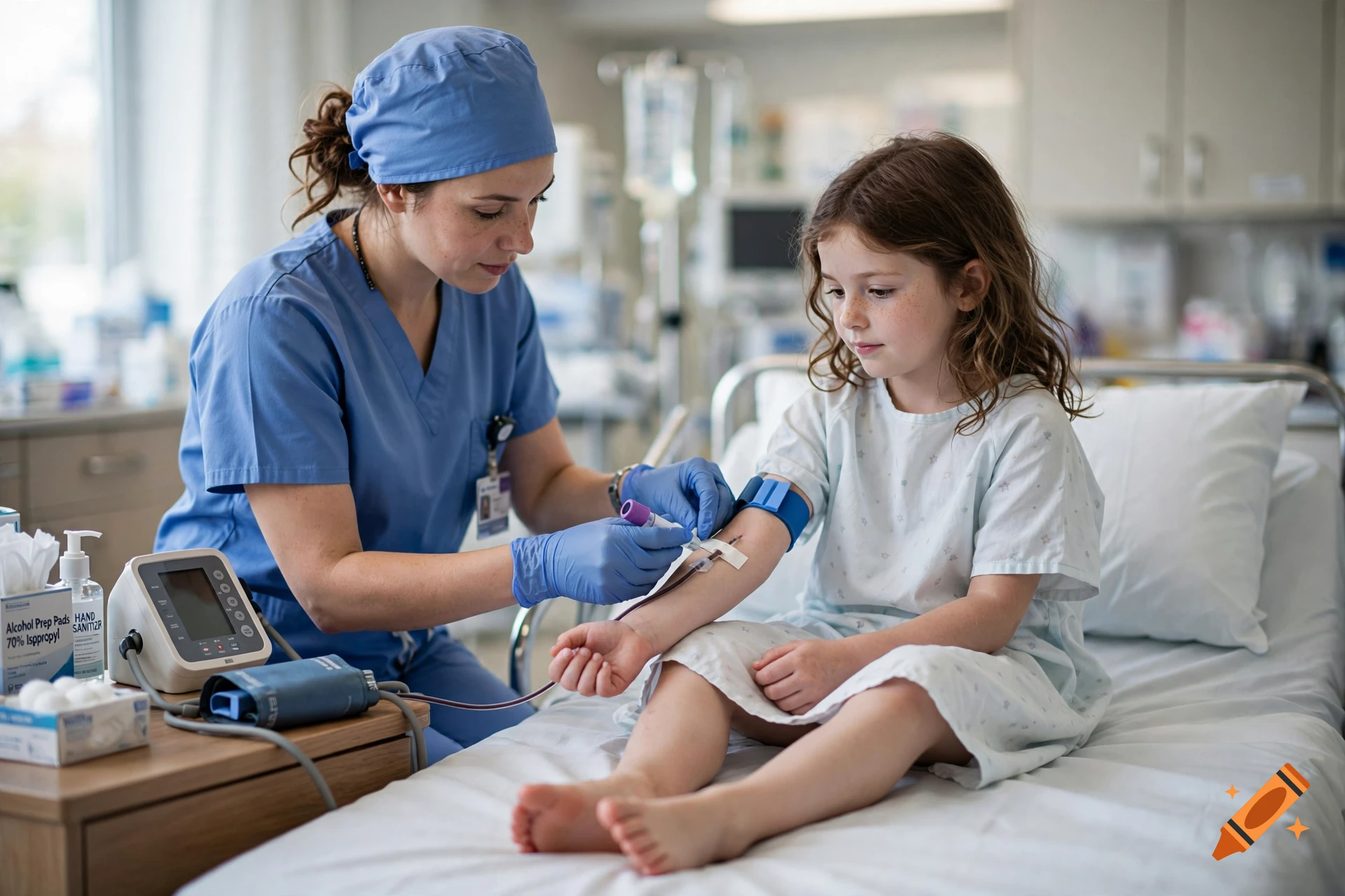 A nurse in blue scrubs drawing blood from the arm of a young girl sitting in a hospital bed, photorealistic.