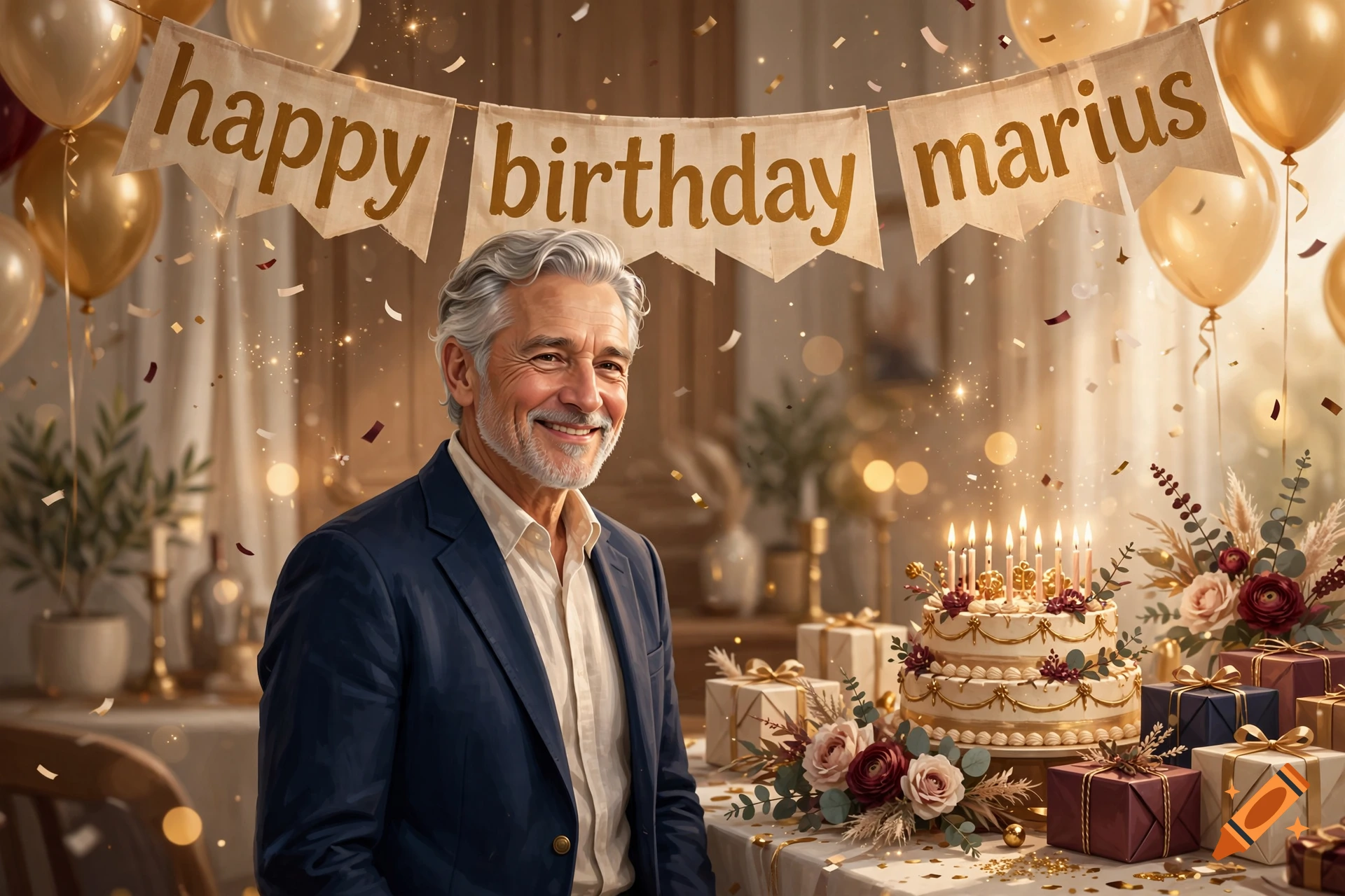 Smiling older man in a suit with a birthday cake and banner reading happy birthday marius