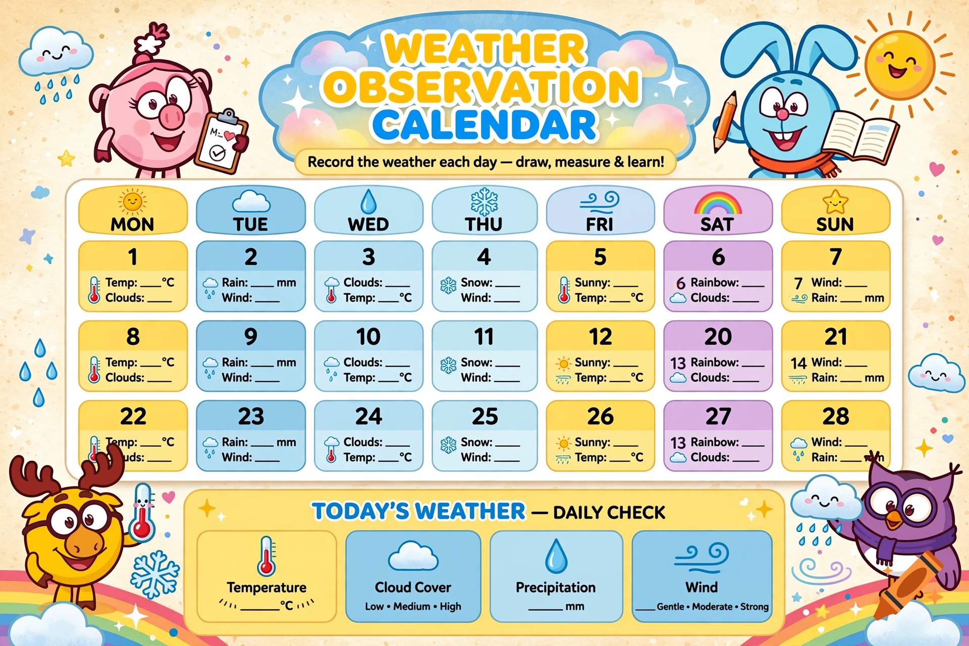 Colorful children's weather observation calendar illustrated in Smeshariki cartoon style with cute animal characters.