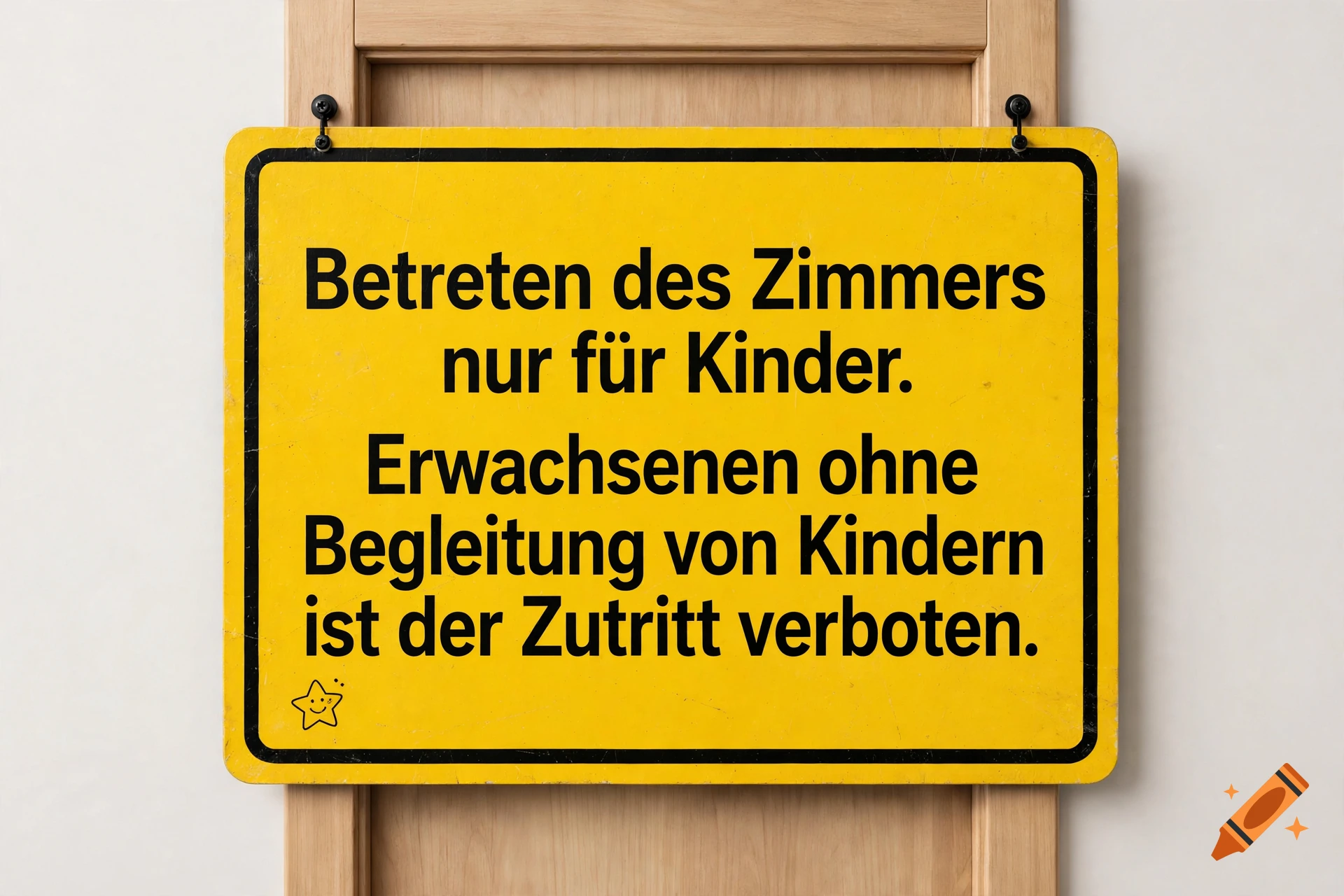 A yellow rectangular German warning sign hanging on a wooden door, featuring bold black text.