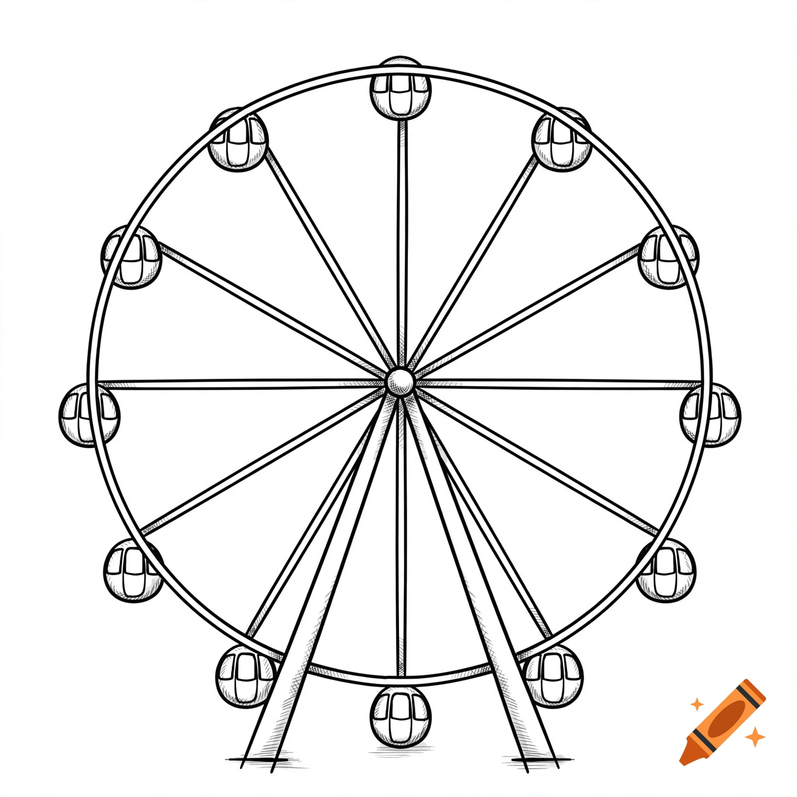 Black and white line drawing of a ferris wheel with round cabins against a plain white background.