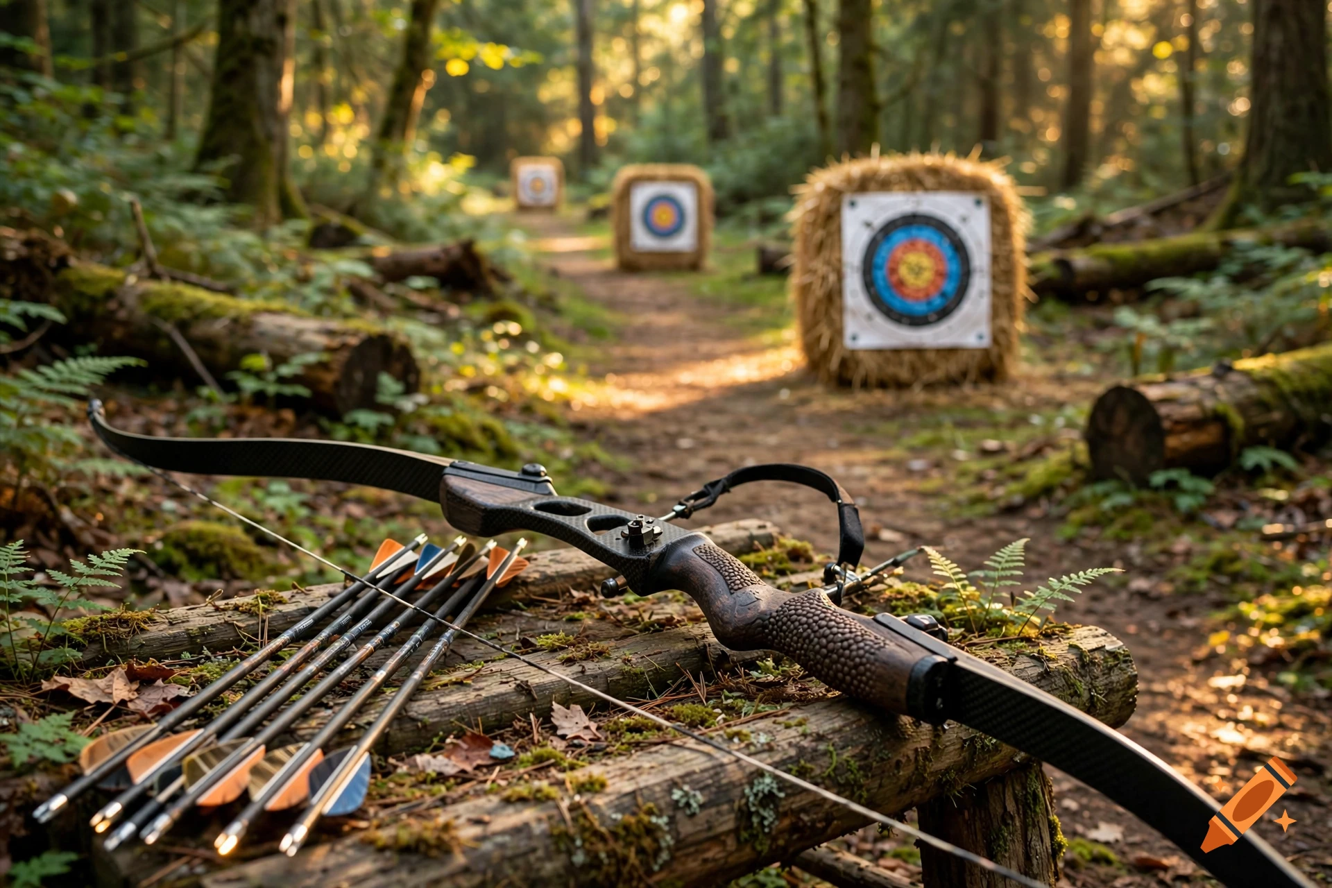 Photorealistic image of a recurve bow and arrows resting on a wooden log in a forest archery course with targets in the background.