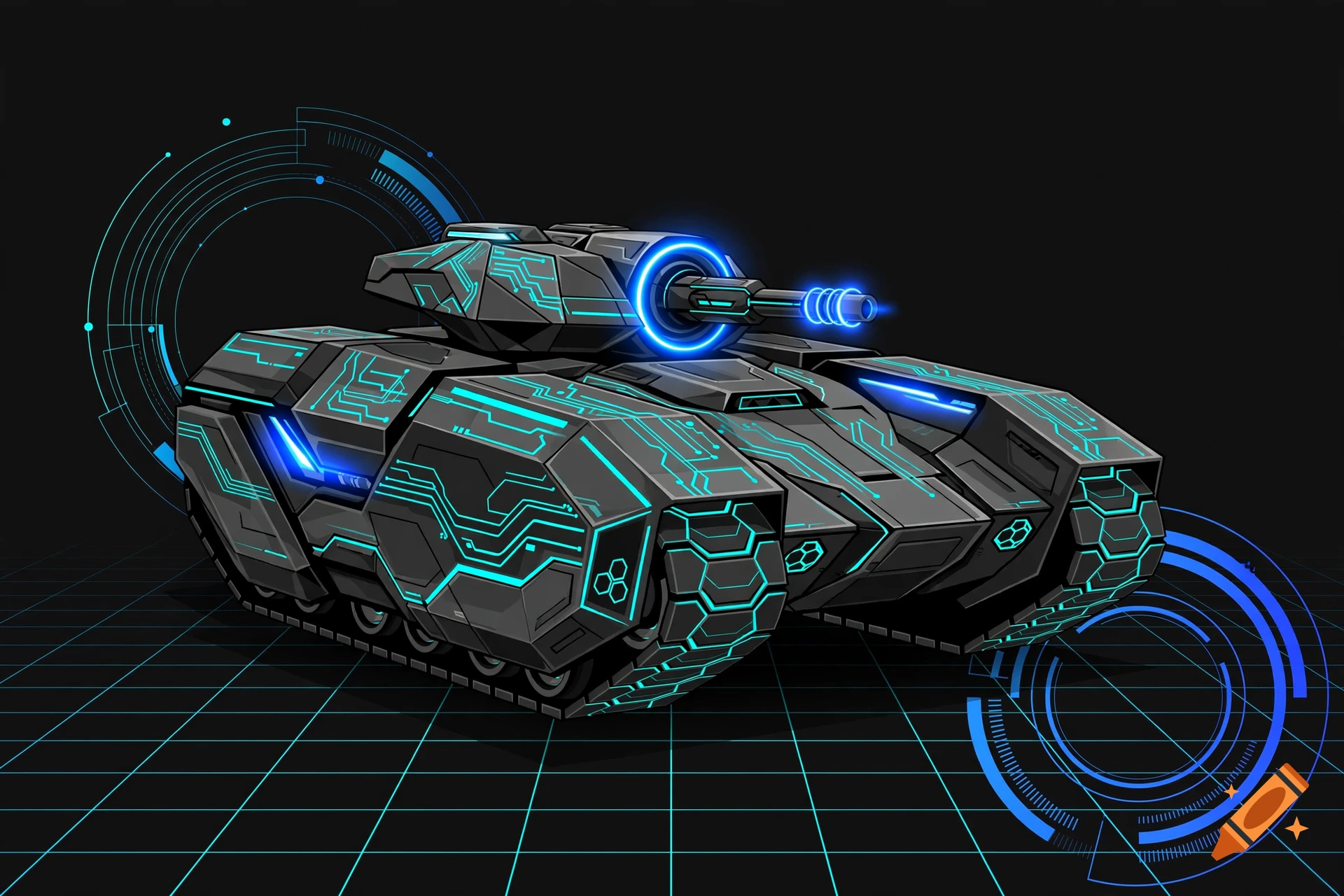 3D vector illustration of a futuristic gray and blue glowing Tron tank on a dark grid floor.