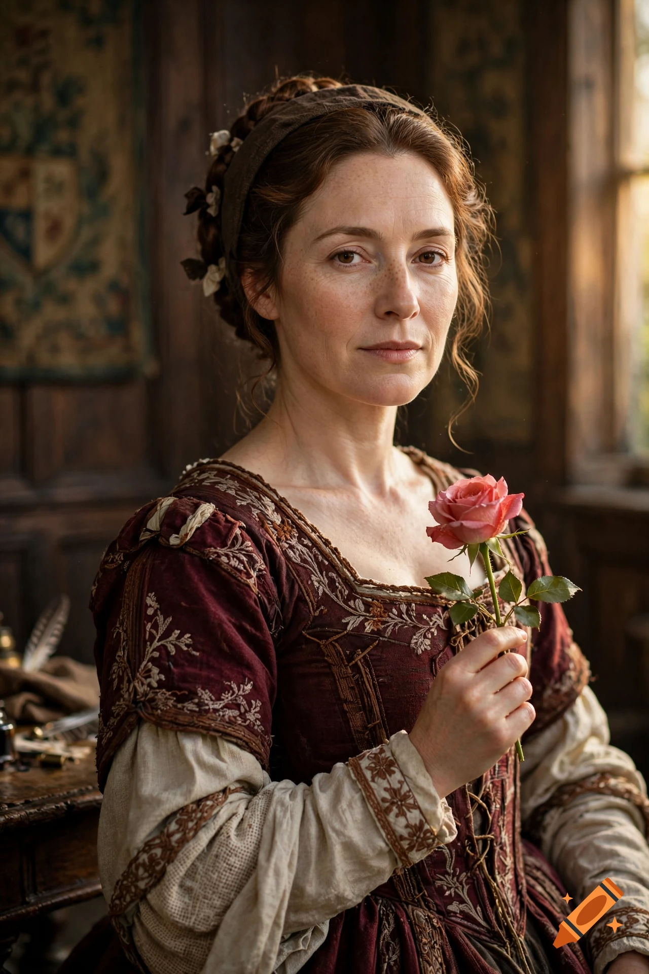 Photorealistic portrait of a 17th-century woman with reddish-brown hair holding a pink rose.