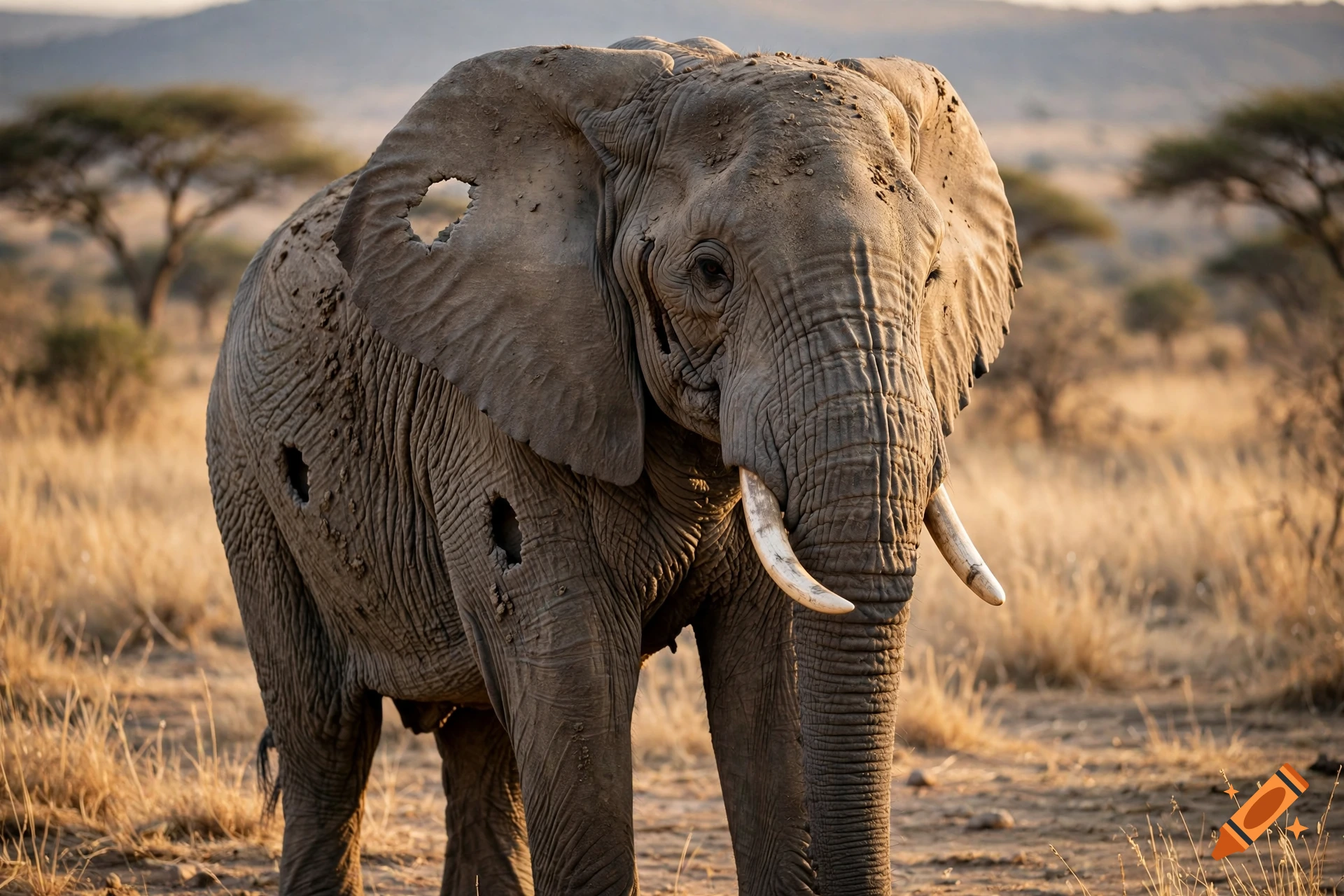 Photorealistic image of a large elephant standing in a dry savanna grass field with distinct holes in its ear and body.