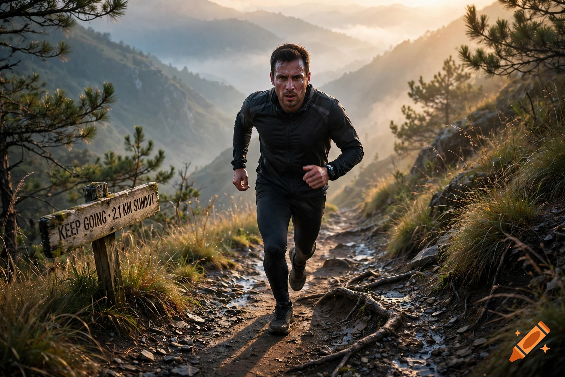 Photorealistic image of a man running uphill on a mountain trail past a wooden sign reading 'KEEP GOING 2.1 KM SUMMIT' at sunrise.