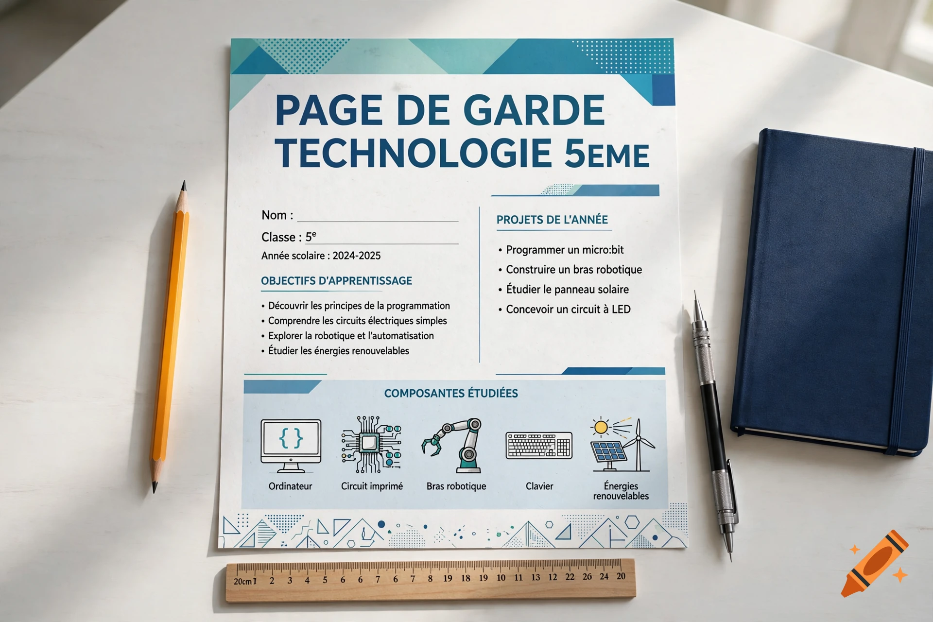 A technology class front page document with blue headers, icons, and text, laid on a white desk with a pencil, ruler, and a notebook.