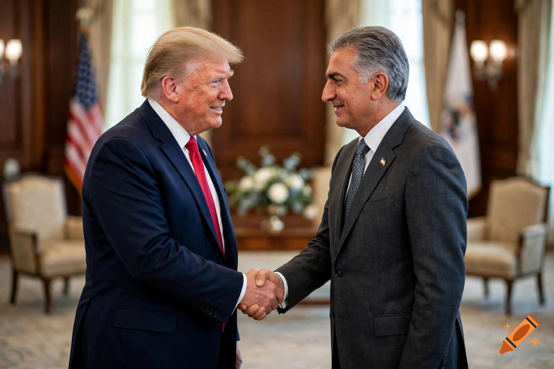 Photorealistic image of Donald Trump and Reza Pahlavi shaking hands indoors.