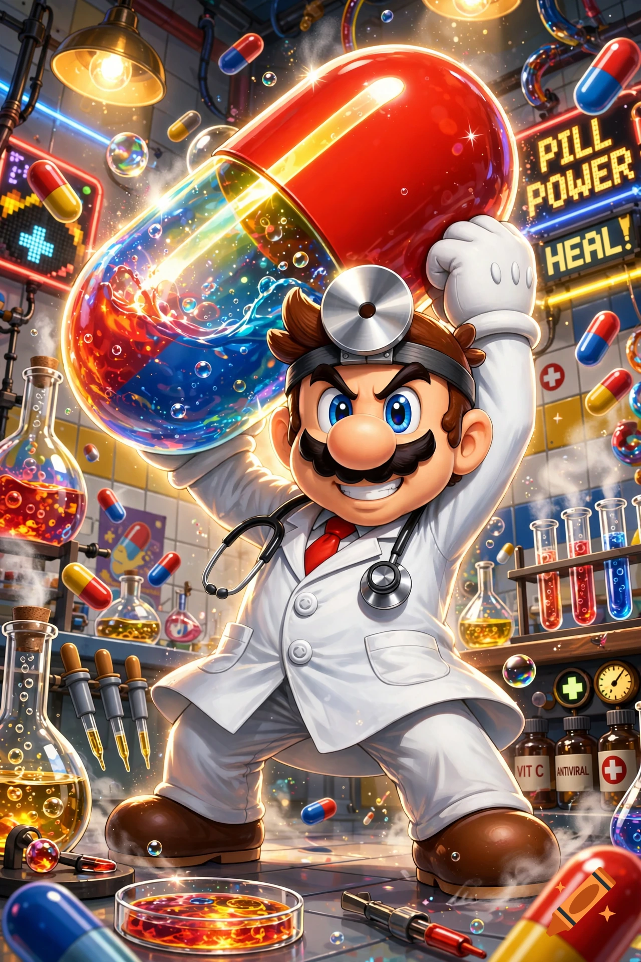 Dr. Mario in a laboratory holding a giant capsule filled with glowing liquid, digital illustration style.
