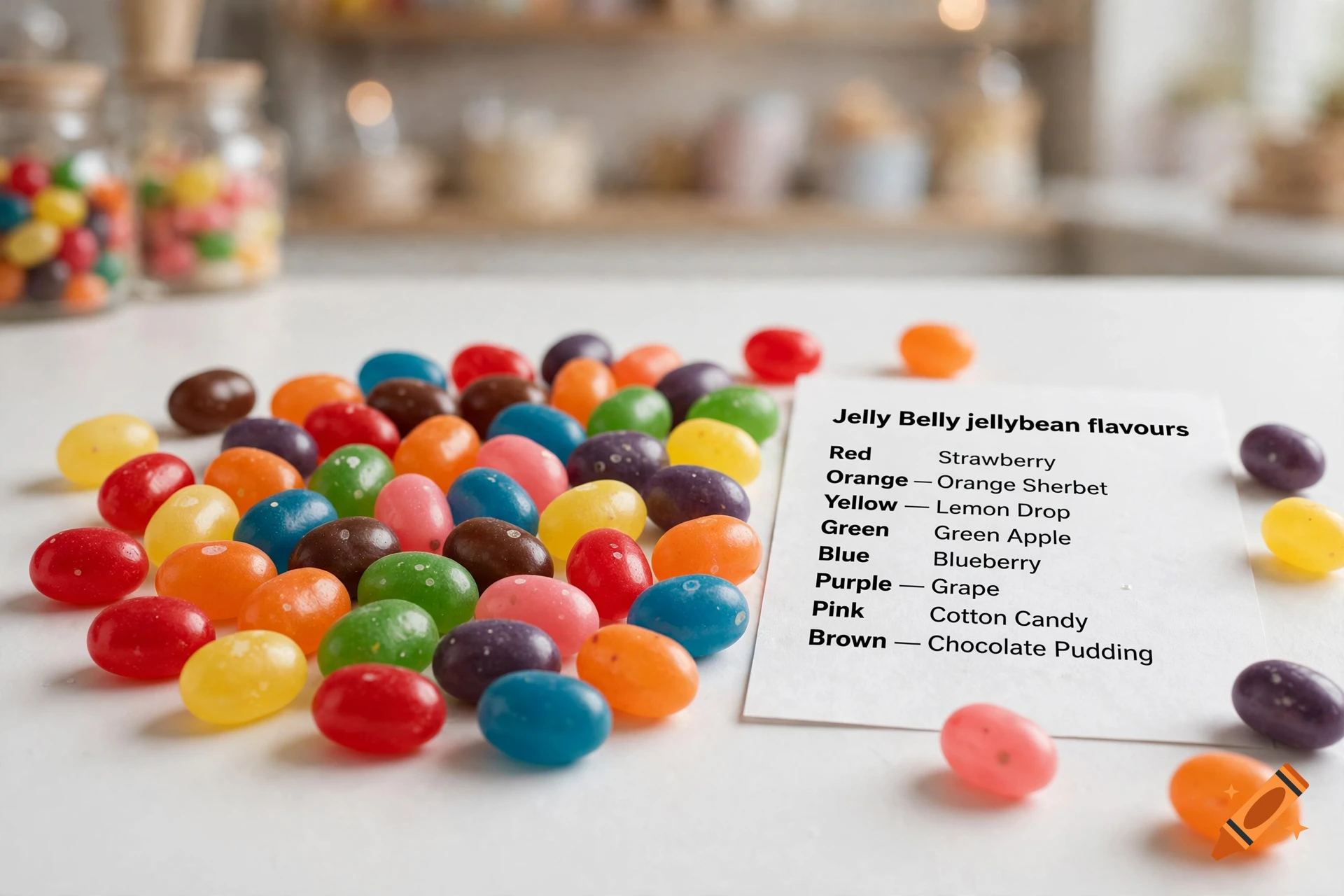 Photorealistic close-up of colorful jellybeans scattered on a white table next to a printed list of flavors.