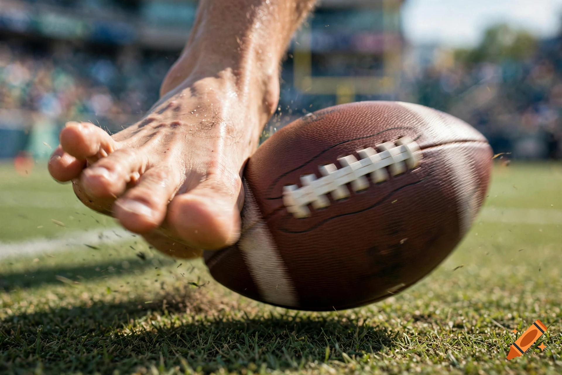 Photorealistic close-up of a bare foot punting an American football on a grassy field during a game.