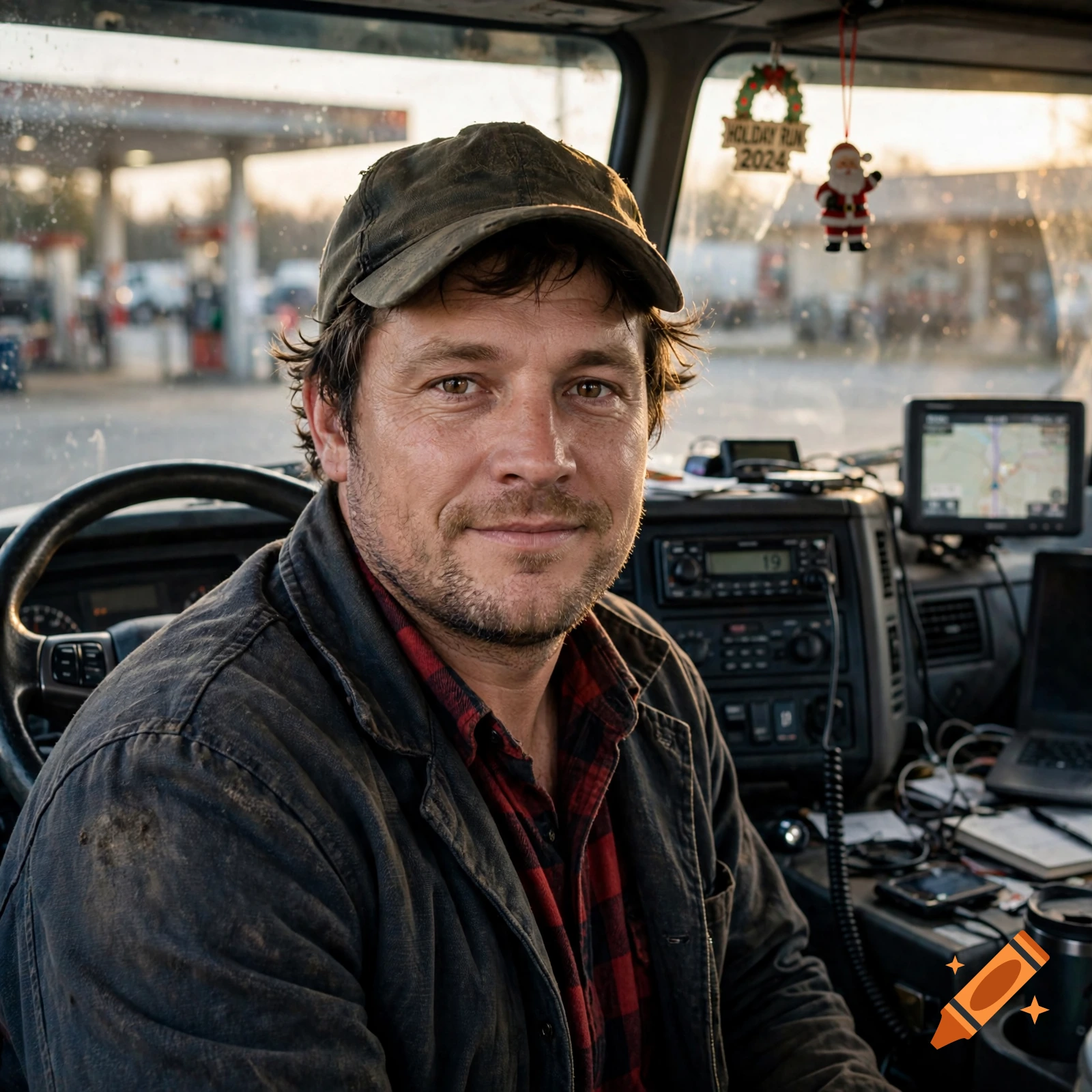 Photorealistic portrait of a smiling truck driver wearing a baseball cap inside his truck cab.