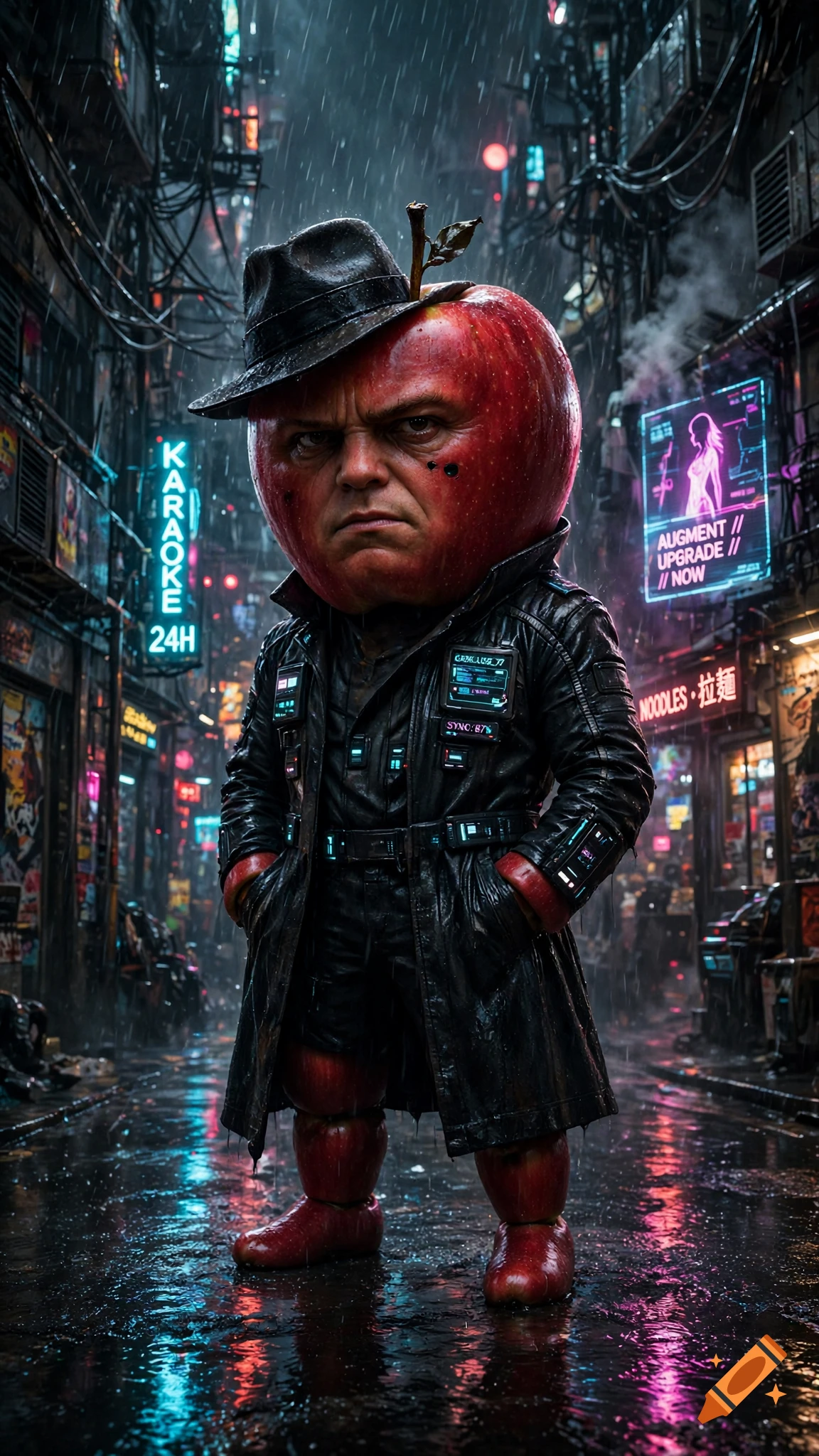 Cinematic cyberpunk portrait of a hard-boiled red apple with a face wearing a trench coat and fedora in a rainy neon alleyway.