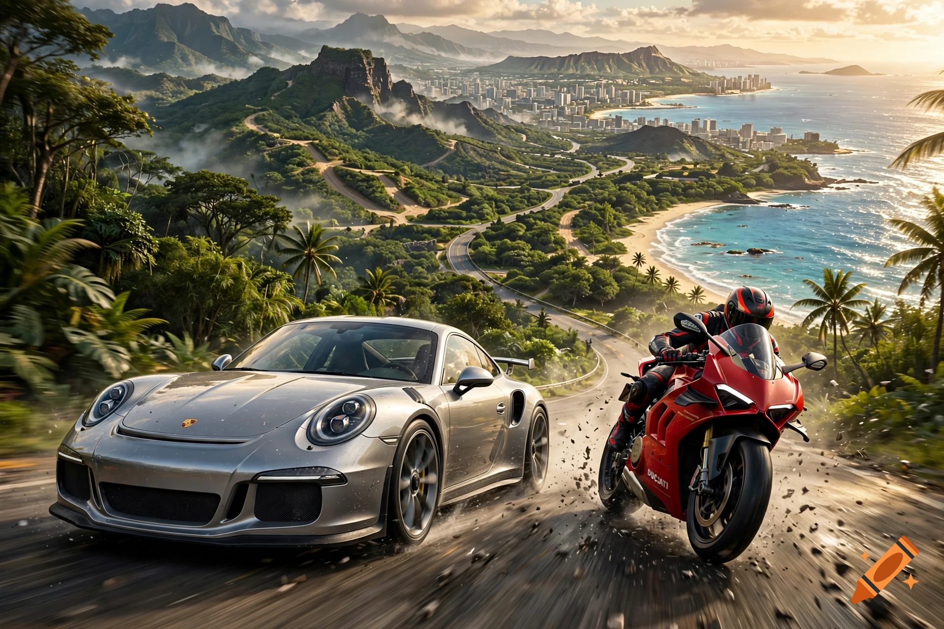 Photorealistic image of a silver sports car and a red motorcycle racing on a winding tropical coastal road overlooking a city.