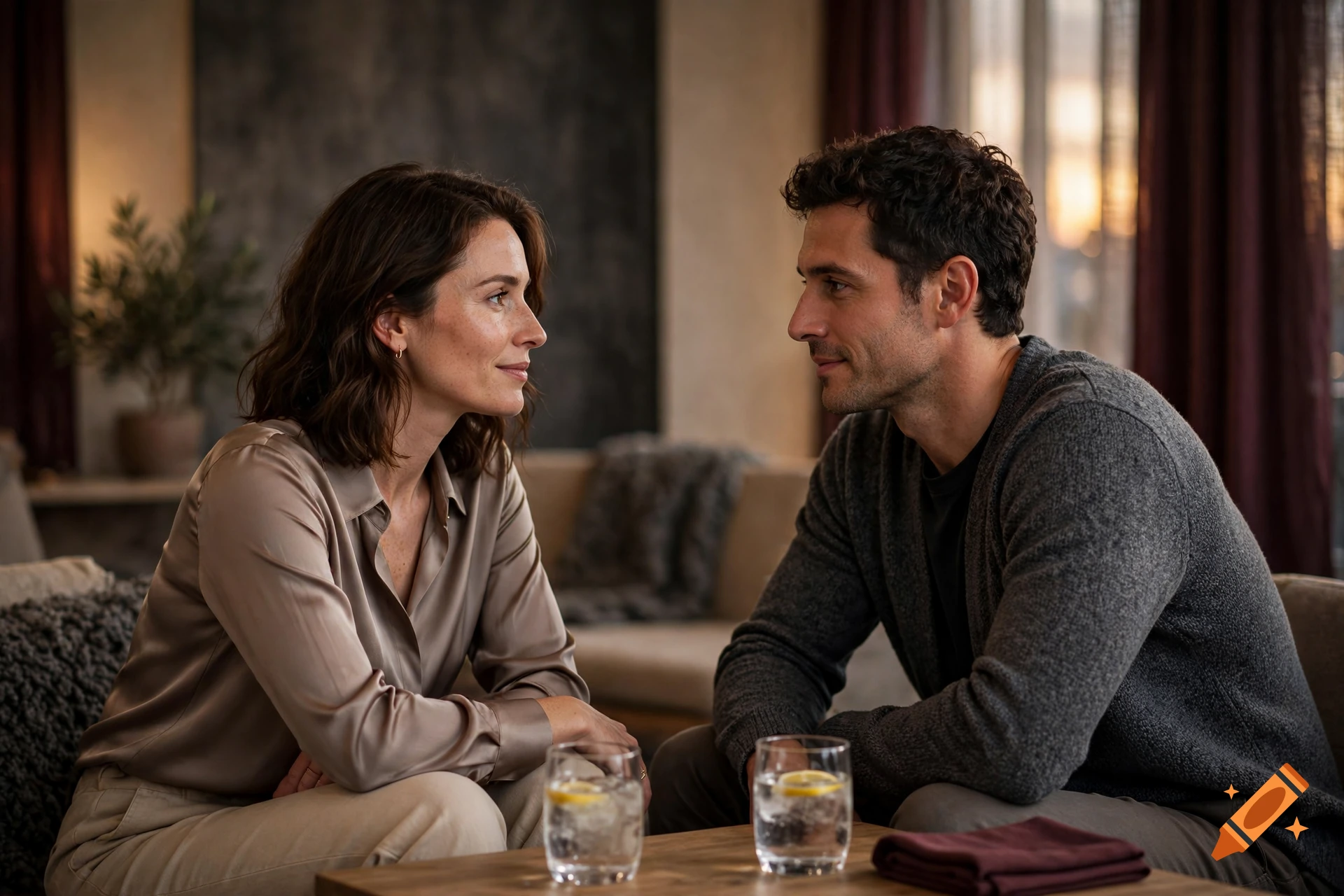 Photorealistic medium shot of a man and a woman sitting across from each other at a wooden table with drinks, looking into each other's eyes.