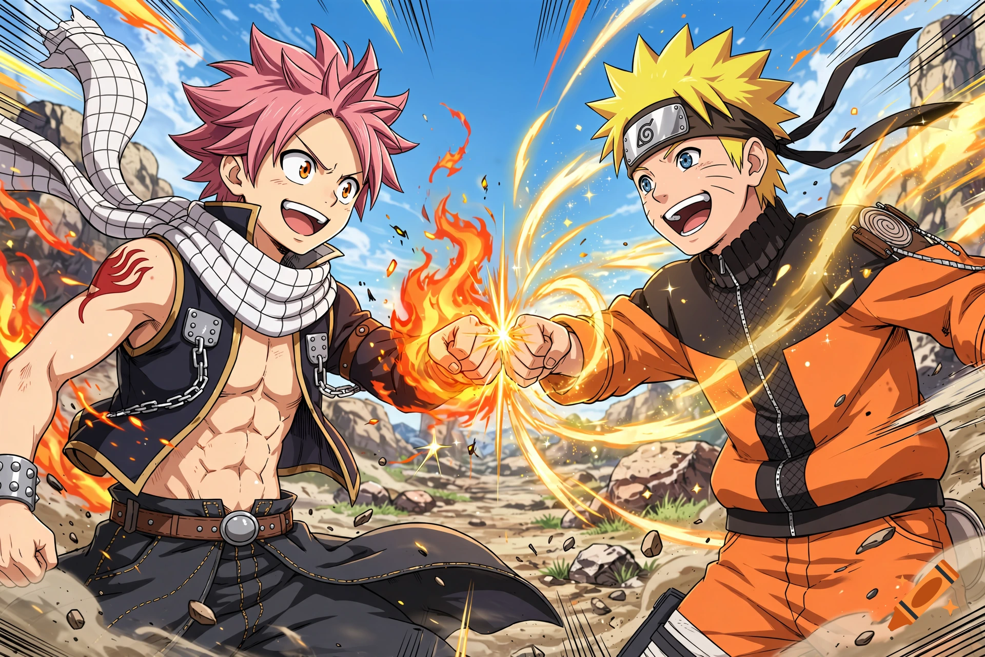 Anime style illustration of Natsu from Fairy Tail and Naruto fist-bumping in a rocky landscape.