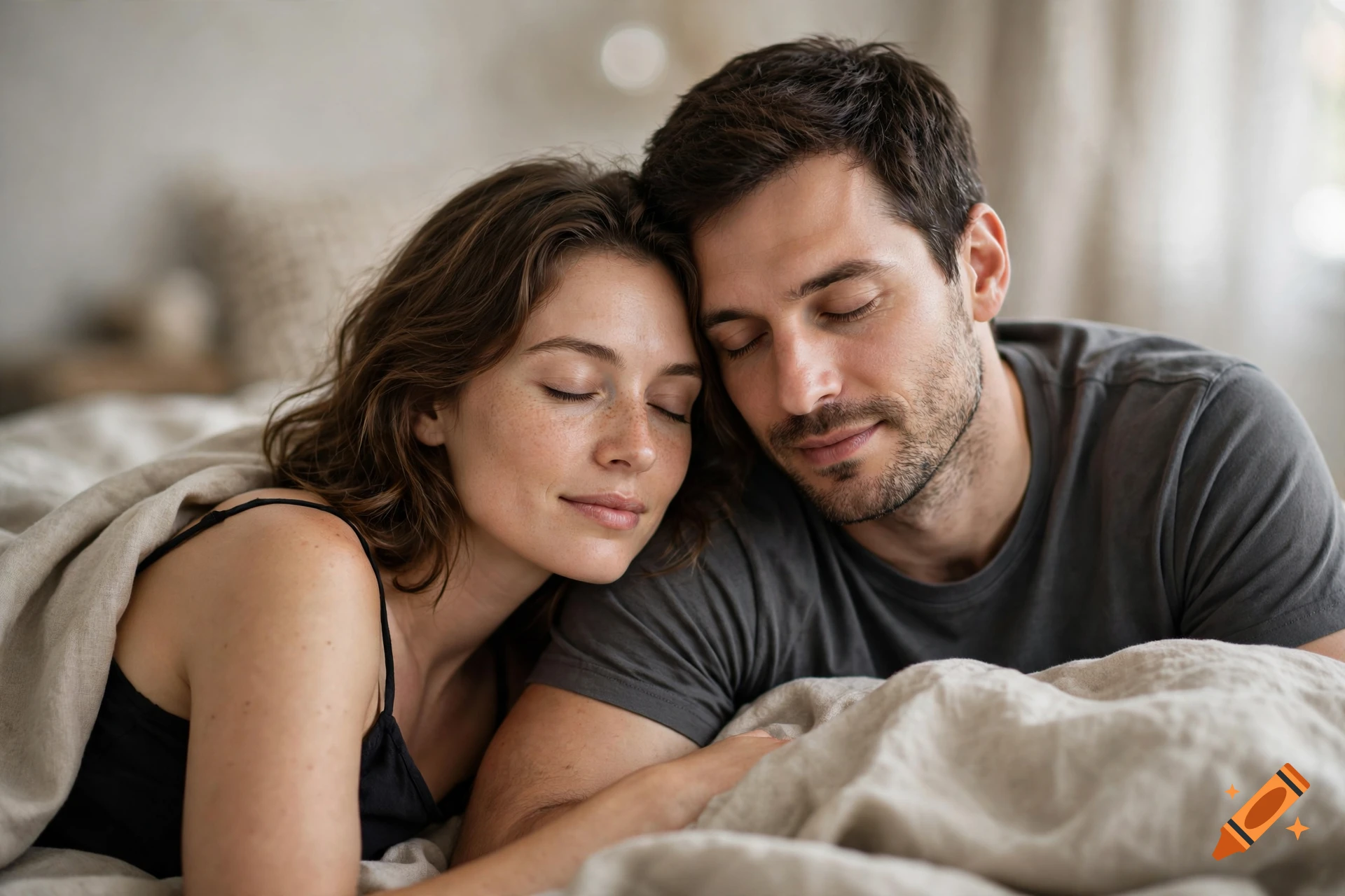 Photorealistic close-up of a young couple sleeping peacefully together in bed.