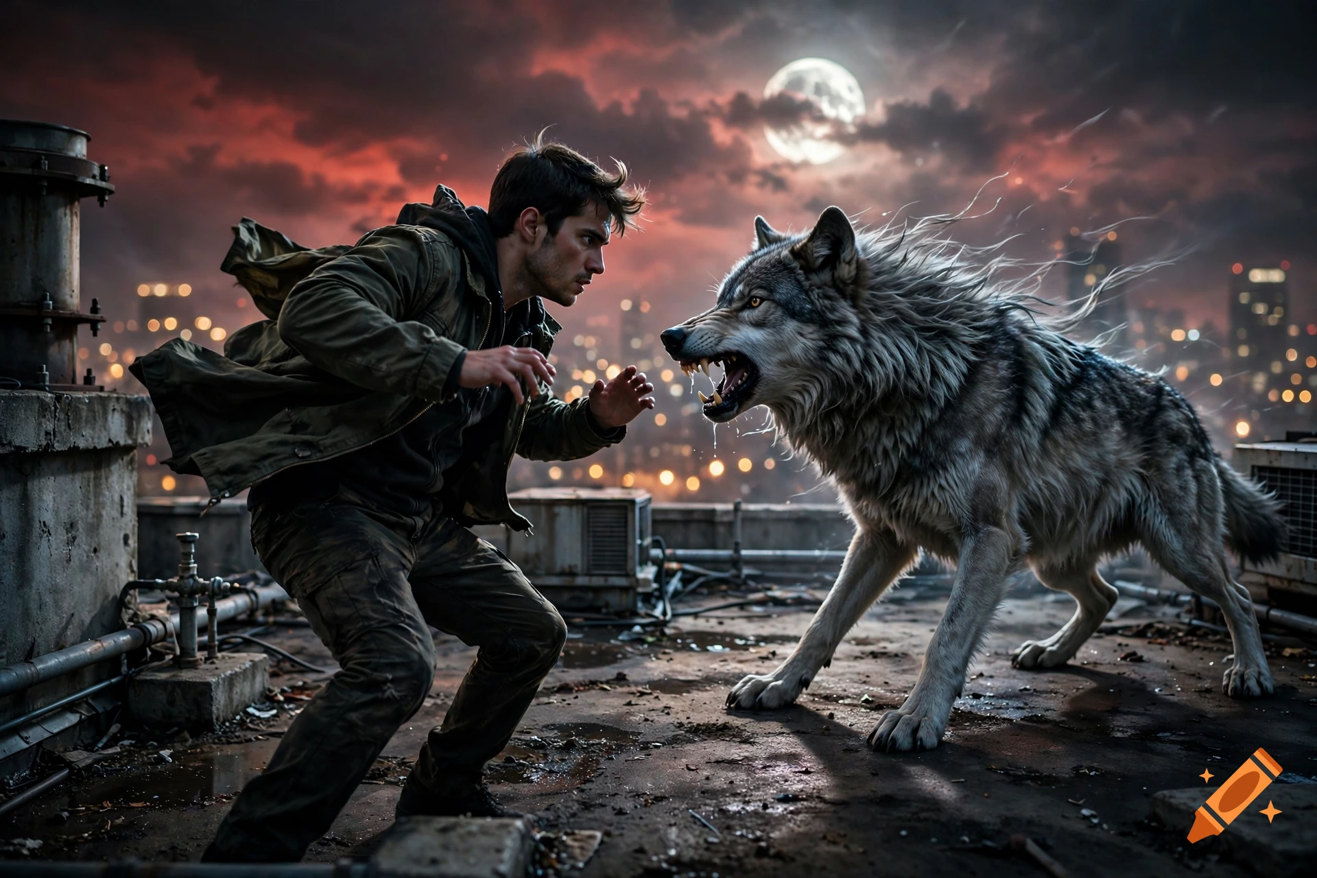 A man confronting a large snarling wolf on a rooftop against a red sky and full moon.