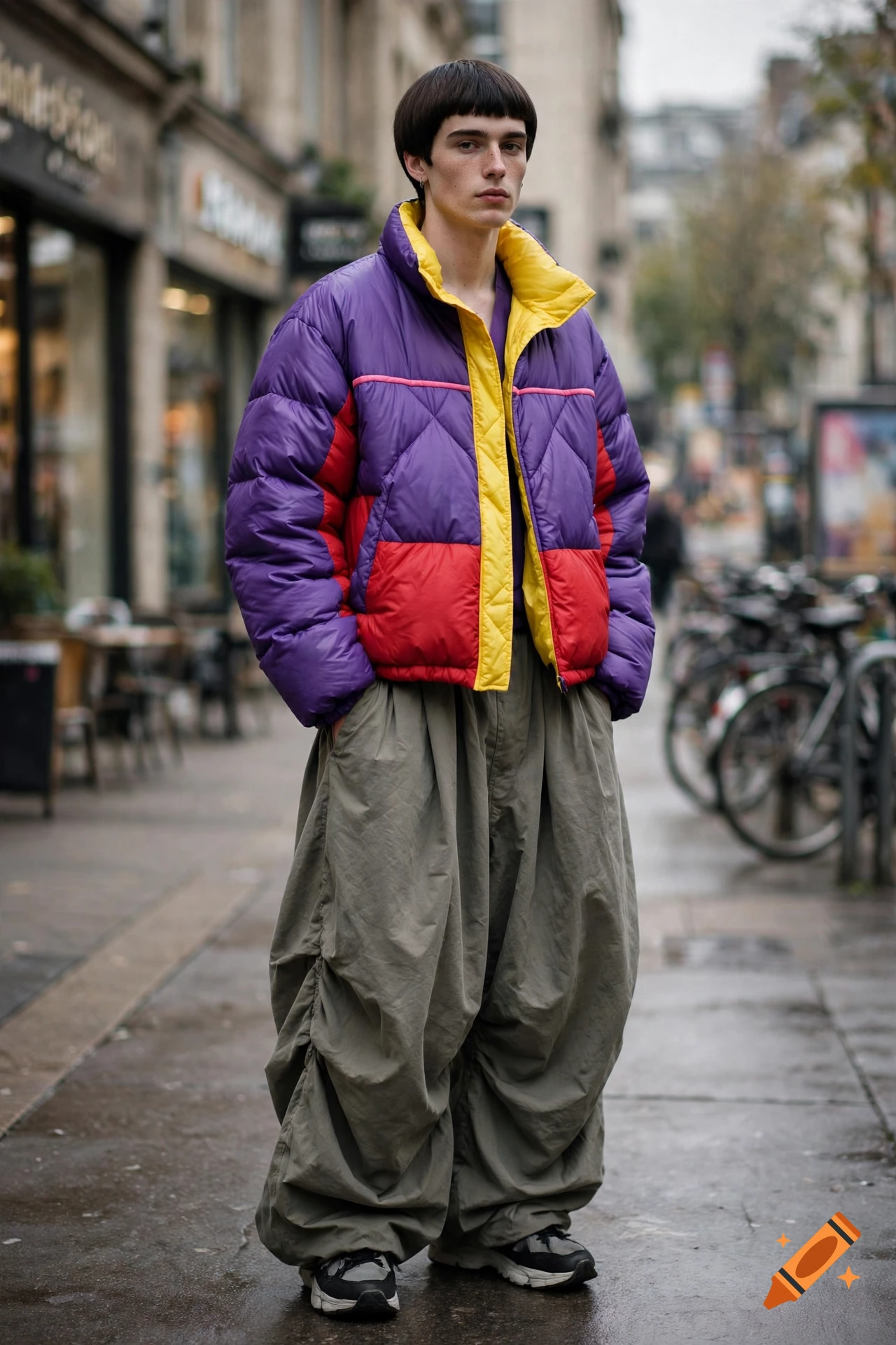 A person with a bowl cut wearing a purple and red puffer jacket and very baggy grey pants, standing on a city street.