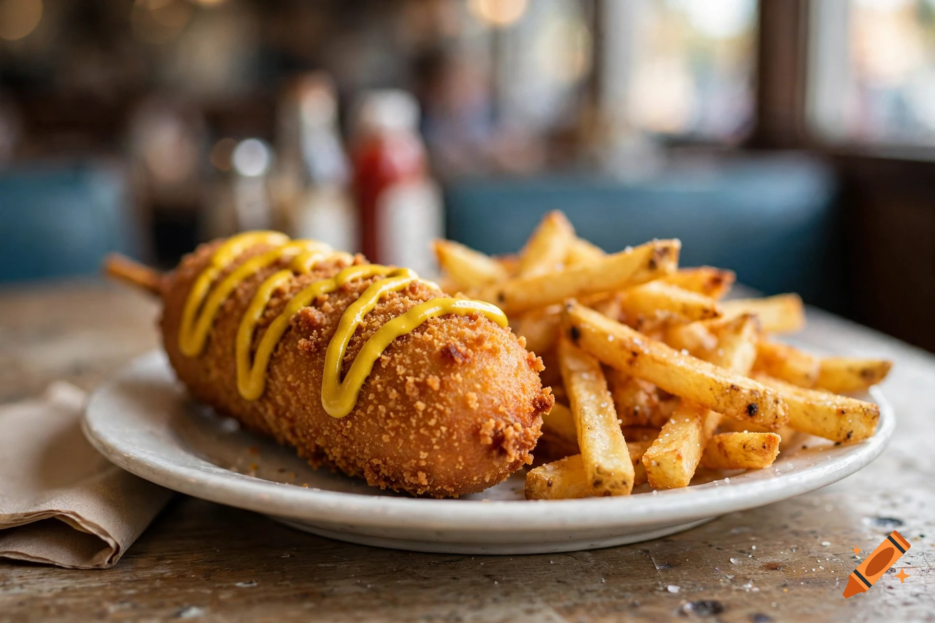 Close-up photorealistic shot of a battered corn dog topped with mustard, served with french fries on a white plate in a diner.