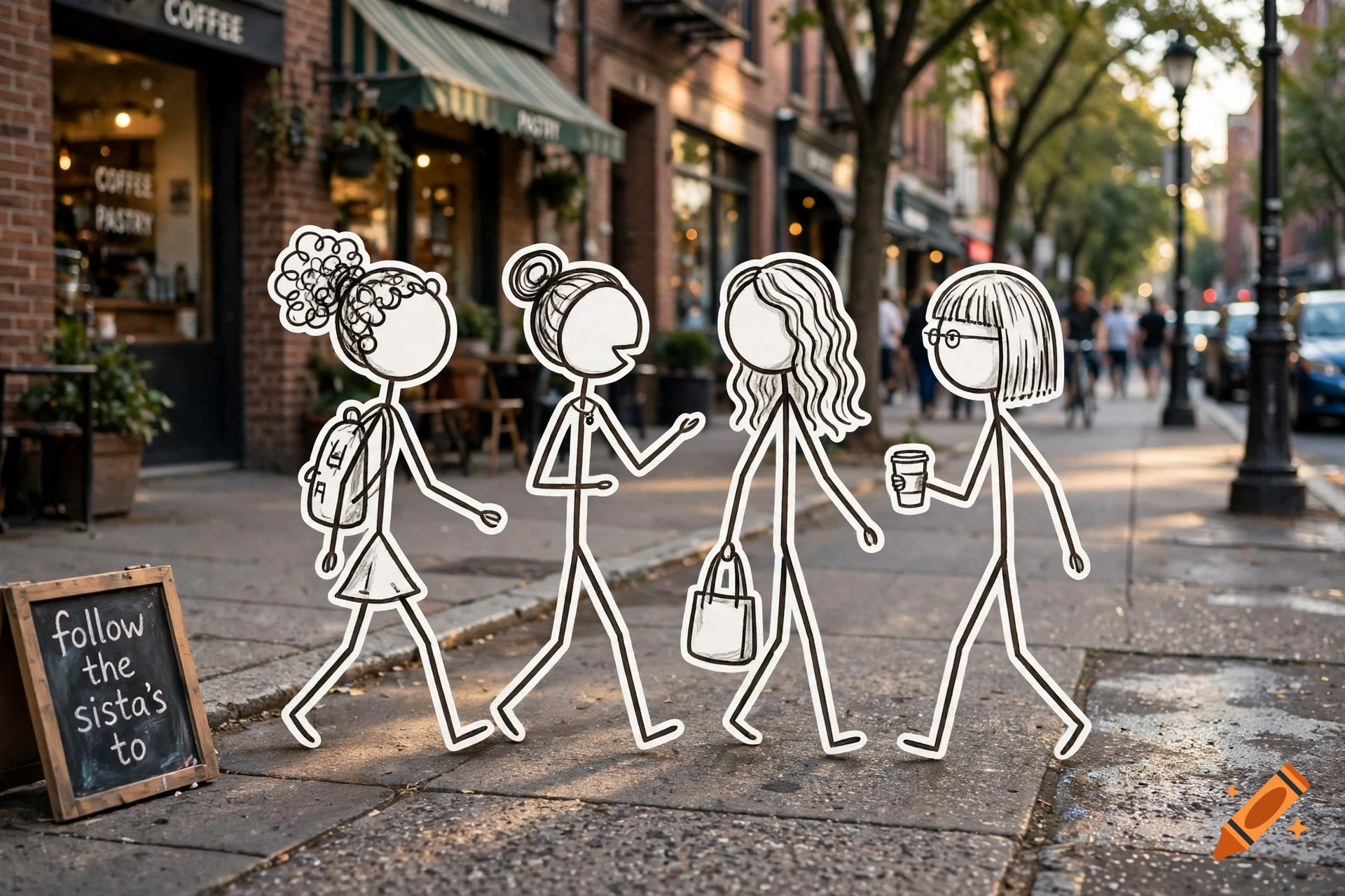 Four drawn stick figures of women walking down a city sidewalk past storefronts, with a small sign reading follow the sista's to