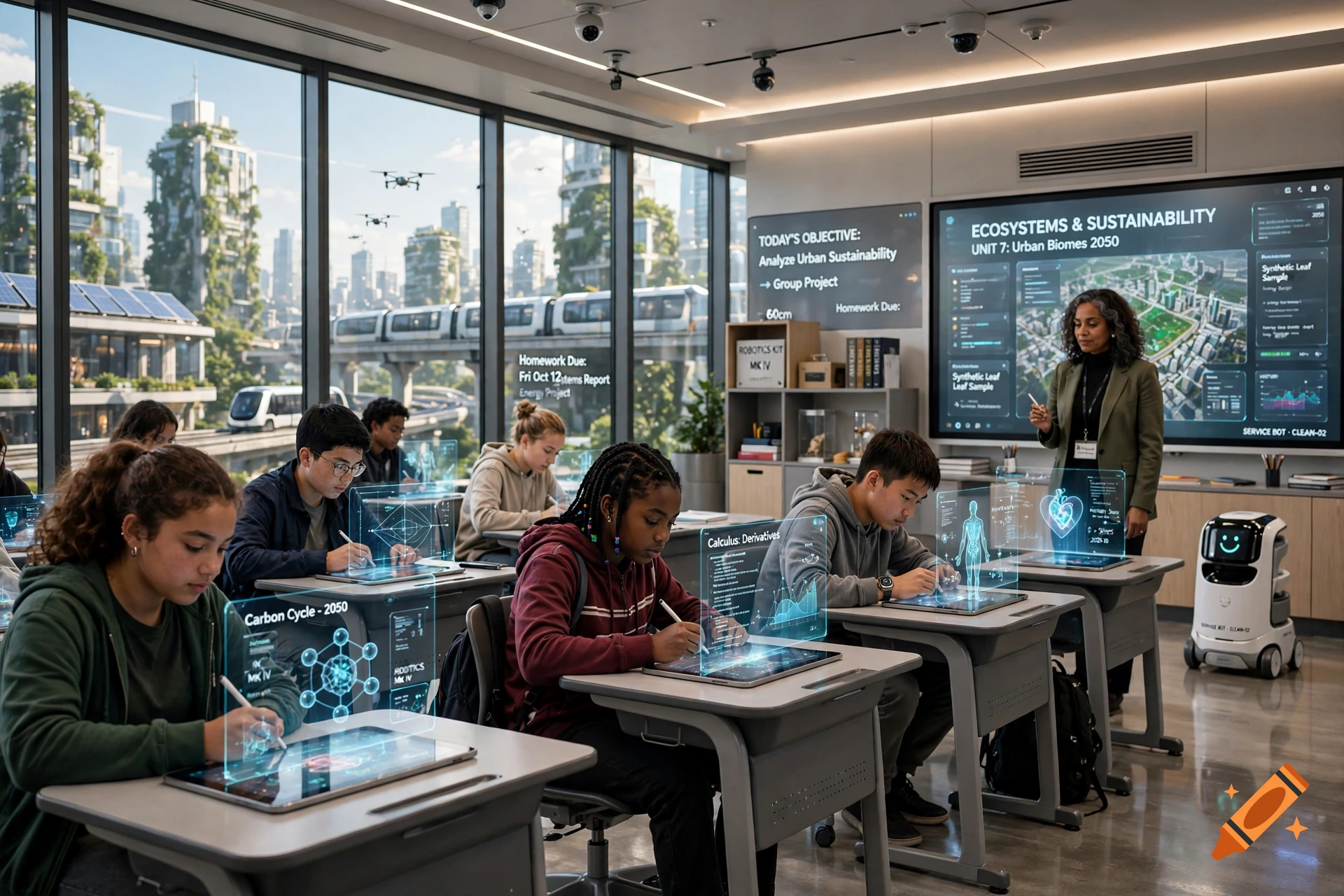 Students in a futuristic 2050 classroom using holographic tablets, with city views and a robot through large windows, photorealistic style.