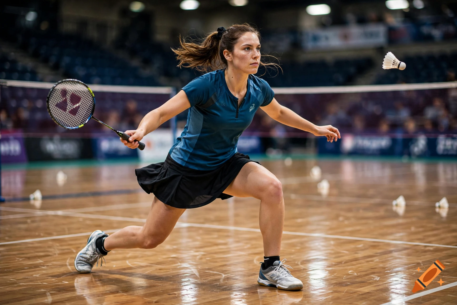 Photorealistic action shot of a female badminton player in a sports arena preparing to hit a shuttlecock.